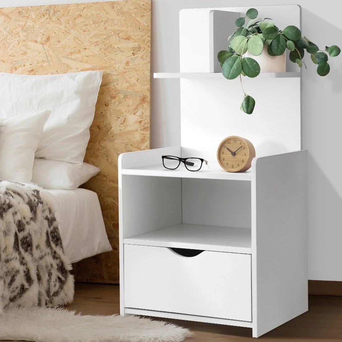 3 Artiss Bedside Table 1 Drawer with Shelves Nightstand Compact Design Storage Modern Decor Easy Assembly - White, 3 of 8