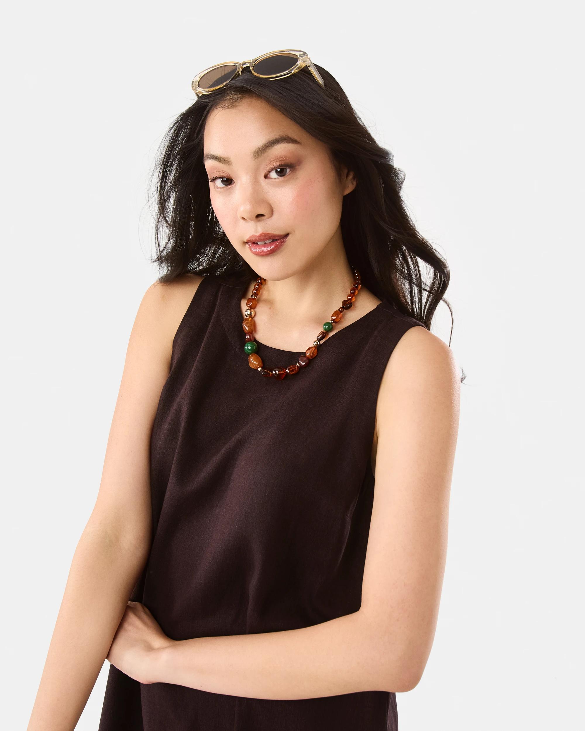 5 Sleeveless Linen Blend Button Detail Mini Dress Choc Plum, 5 of 8