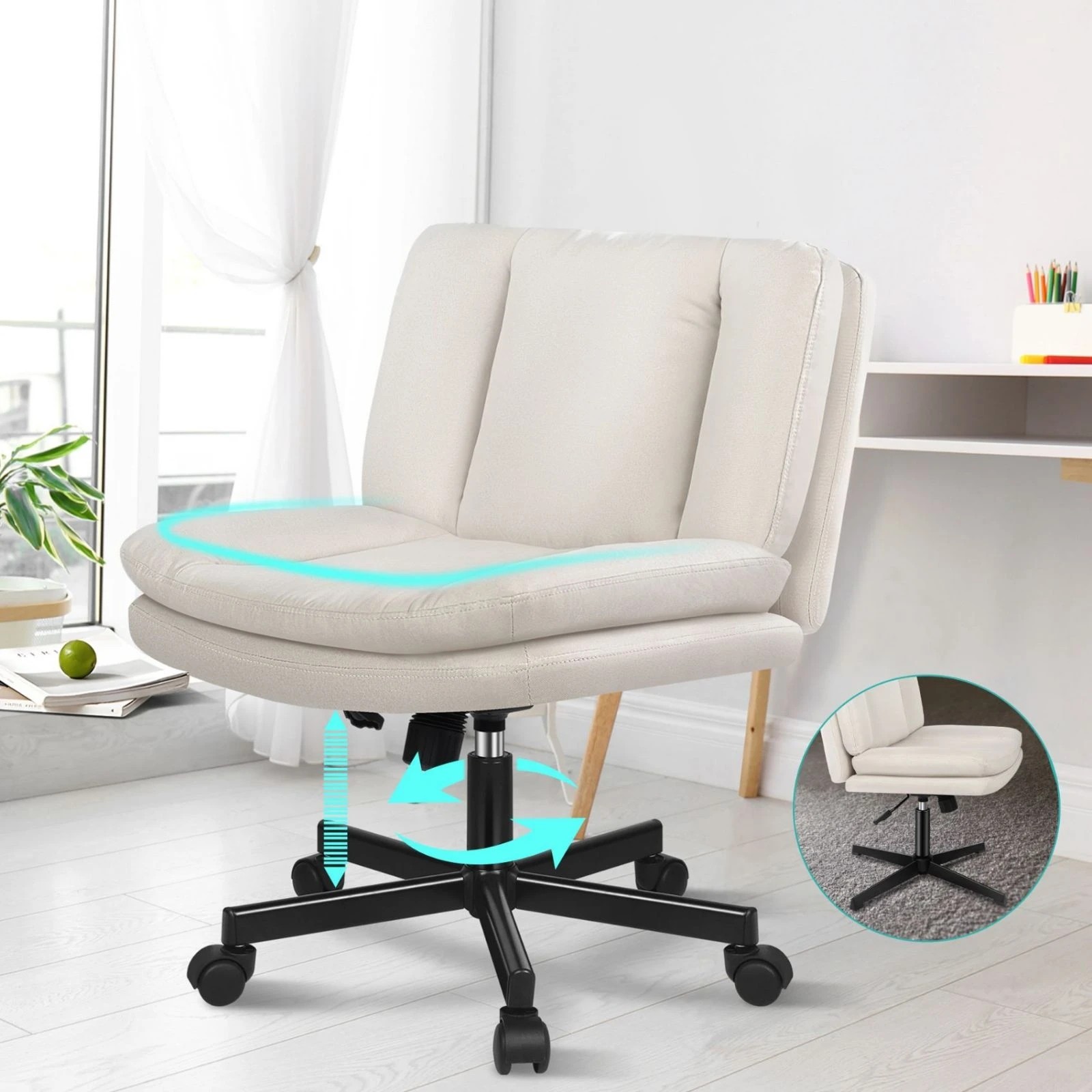 3 Alfordson Armless Office Desk Chair Mid Back Wide Seat w/ Wheels Fabric - Beige, 3 of 10