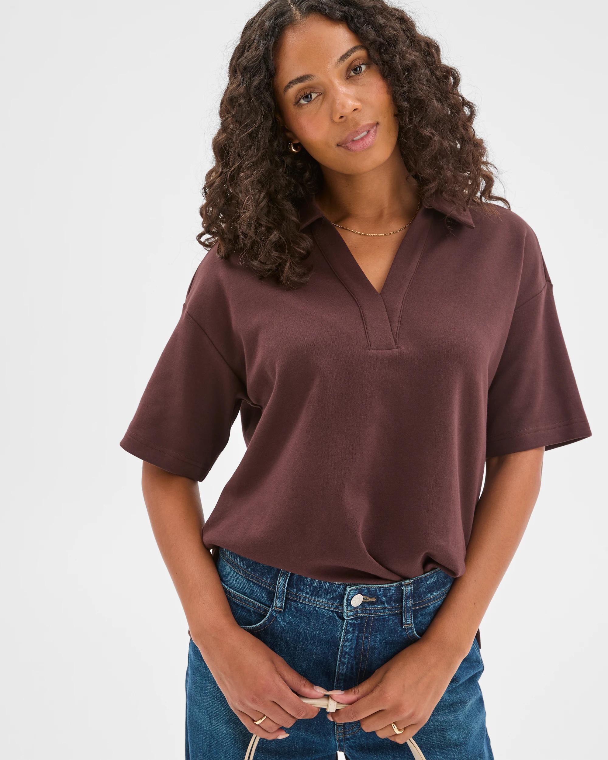 4 Target Woman Australian Cotton Blend Interlock Polo Neck T-Shirt CHOCOLATE PLUM, 4 of 7