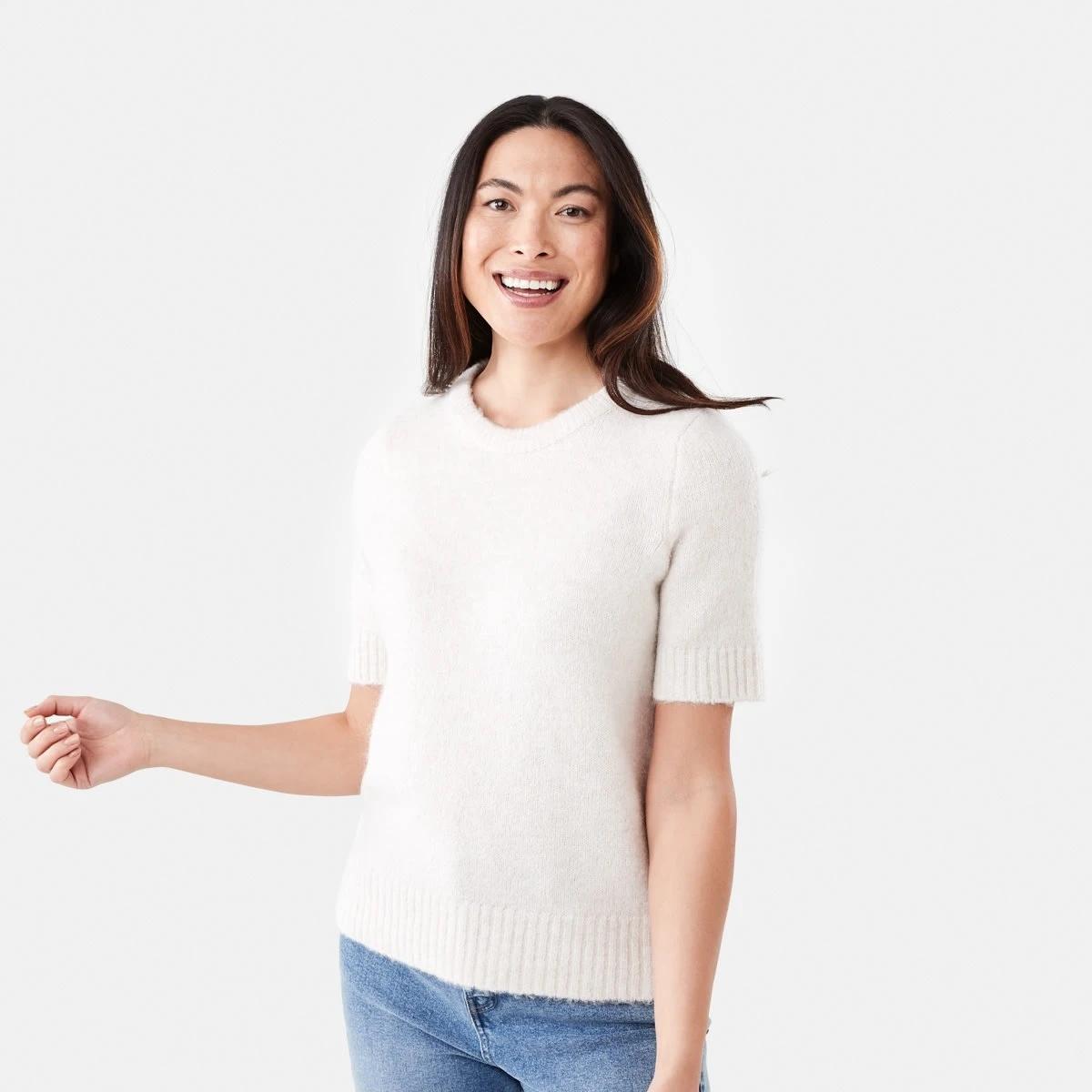 1 Short Sleeve Fluffy Knit Jumper Beige Marl, 1 of 5