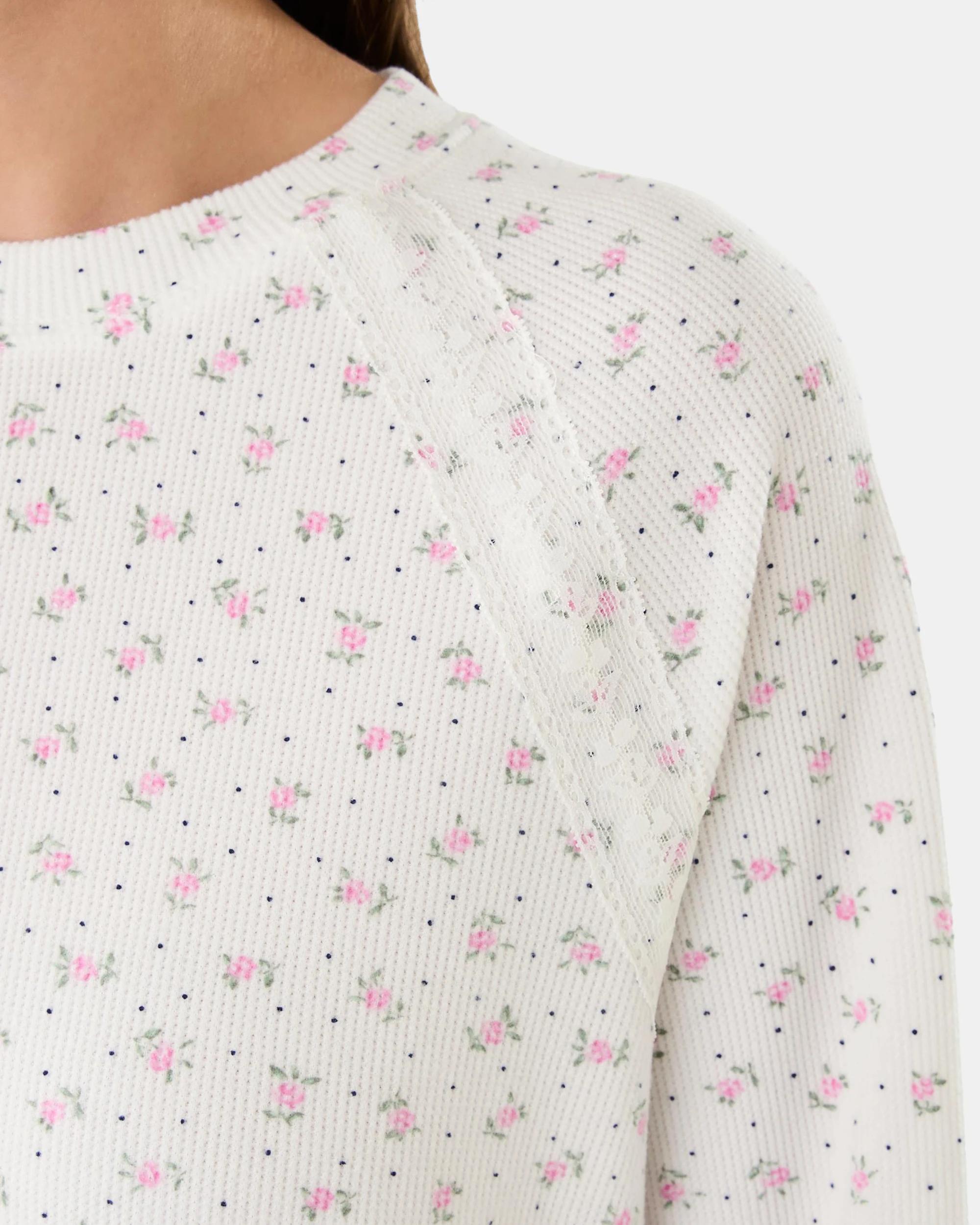 6 Long Sleeve Waffle Lace Lounge Top Rose Spot, 6 of 9