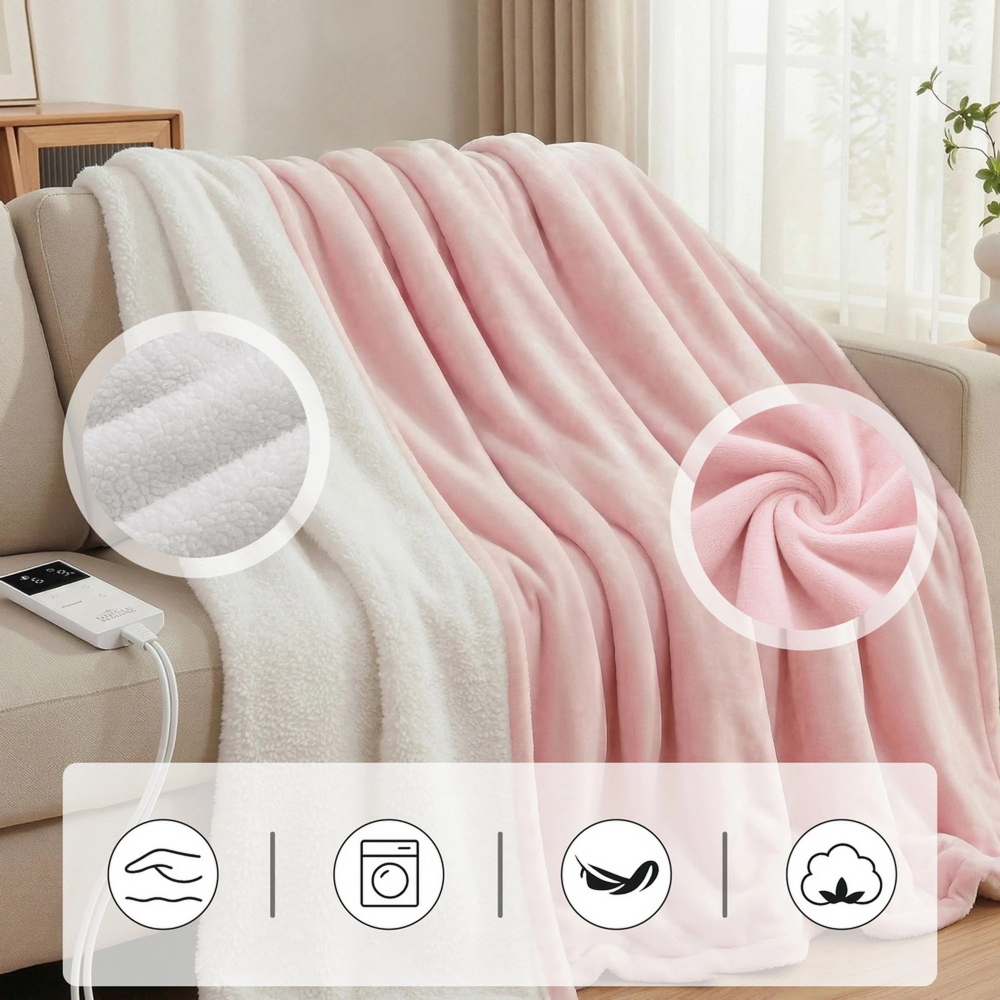 6 Giselle Electric Throw Rug Double Size 200x180cm Fleece Flannel Heated Blanket - Double Bed - Pink, 6 of 9