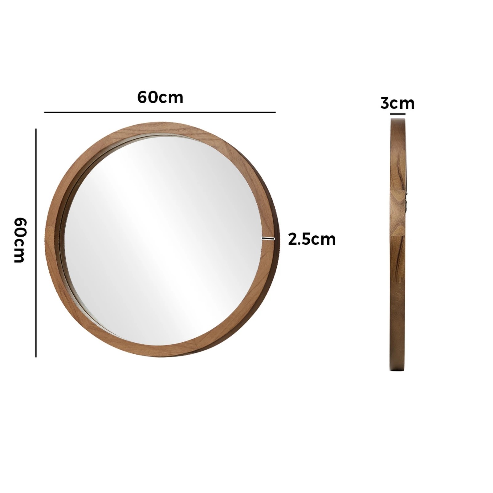 2 Oikiture Wall Mirrors 60cm Round Makeup Mirror Home Decor Bathroom - Brown, 2 of 7