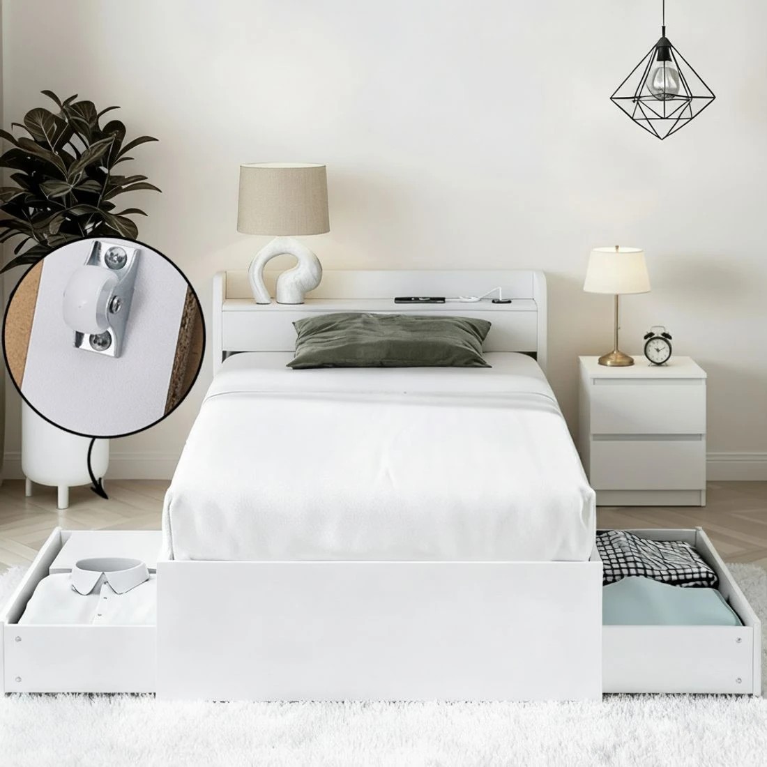 6 Artiss Single Bed Frame and Bedside Table - White, 6 of 10