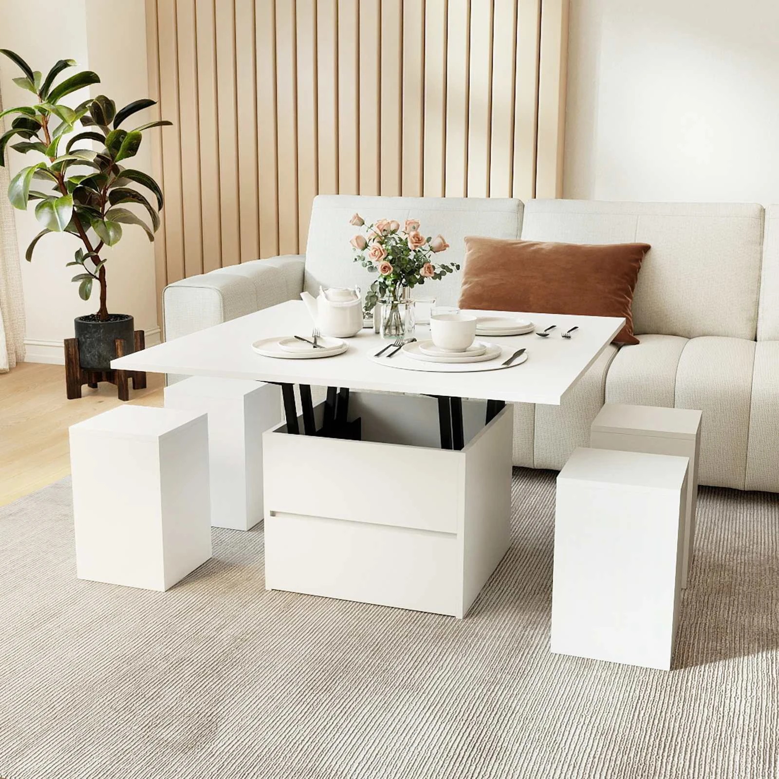 4 Costway Lift Top Coffee Table w/4 Storage Stool 3-in-1 Expandable Center Table, 4 of 4