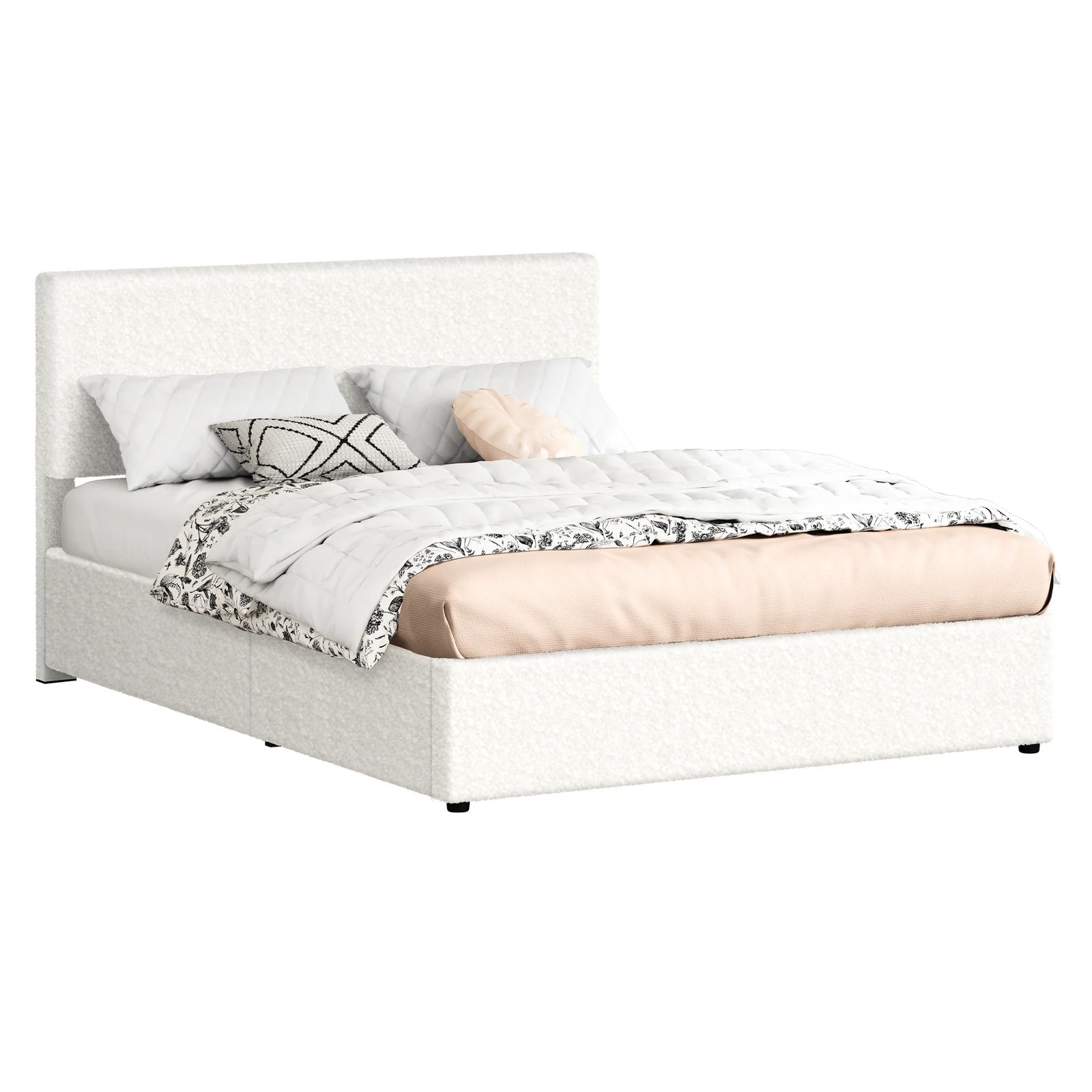 1 Alfordson Bed Frame Queen Gas Lift Storage Adjustable Headboard Boucle Luria - White, 1 of 10
