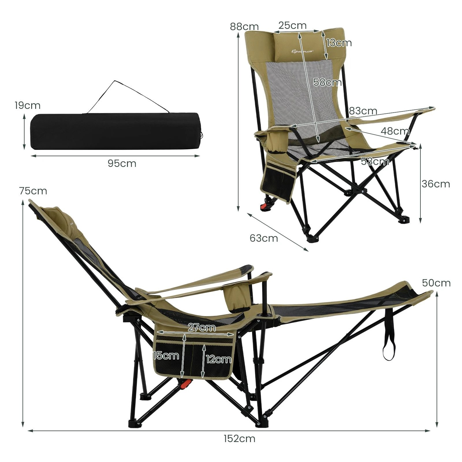 3 Costway 2 in 1 Folding Camping Lounge Chair Ourdoor Reclining w/Detachable Footrest - Grey, 3 of 3