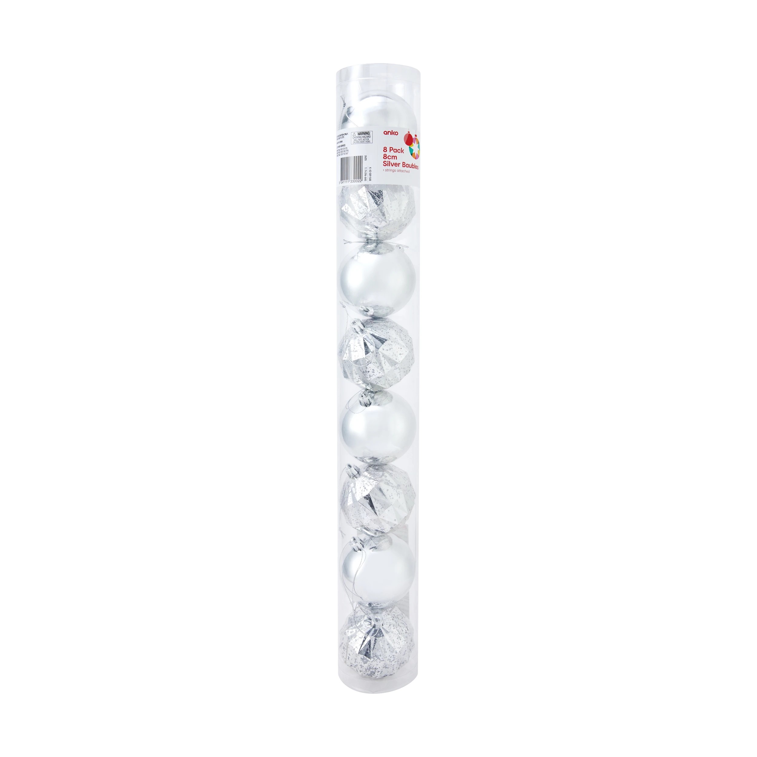 6 8 Pack 8cm Silver Look Baubles, 6 of 6