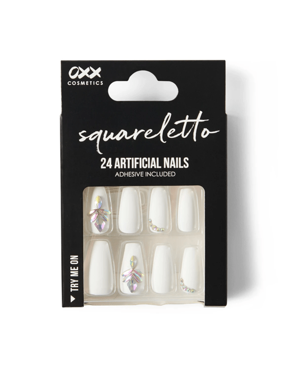 OXX Cosmetics 24 Pack Artificial Nails with Adhesive - Squareletto Shape, White Gem
