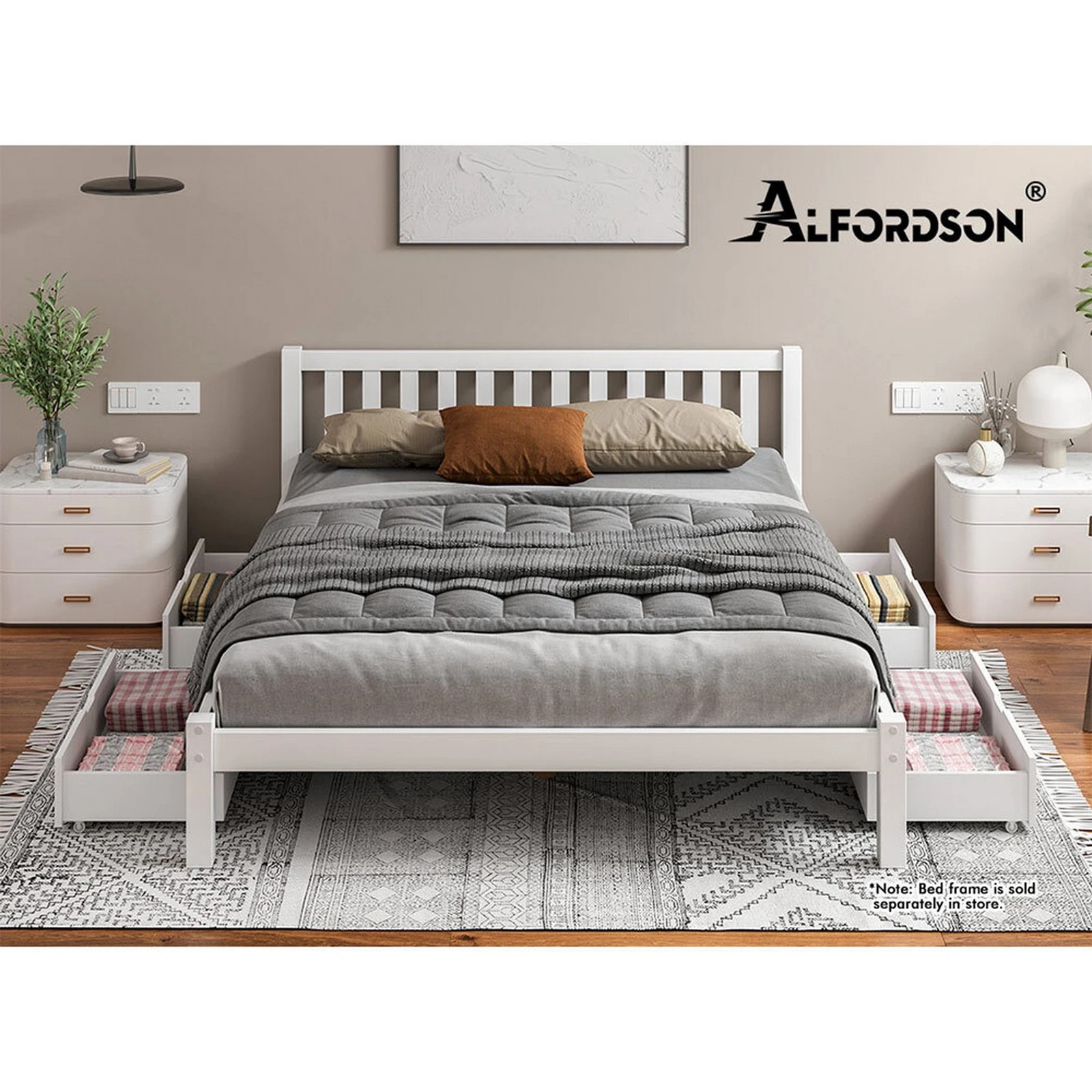 7 Alfordson 2x Storage Drawers Trundle for Wooden Bed Frame Base Timber - White, 7 of 7