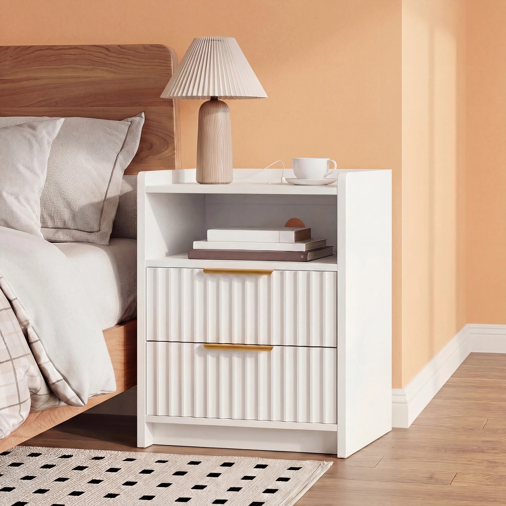 6 Advwin Bedside Table with Charging Station 2 Drawers Open Shelf - White, 6 of 7