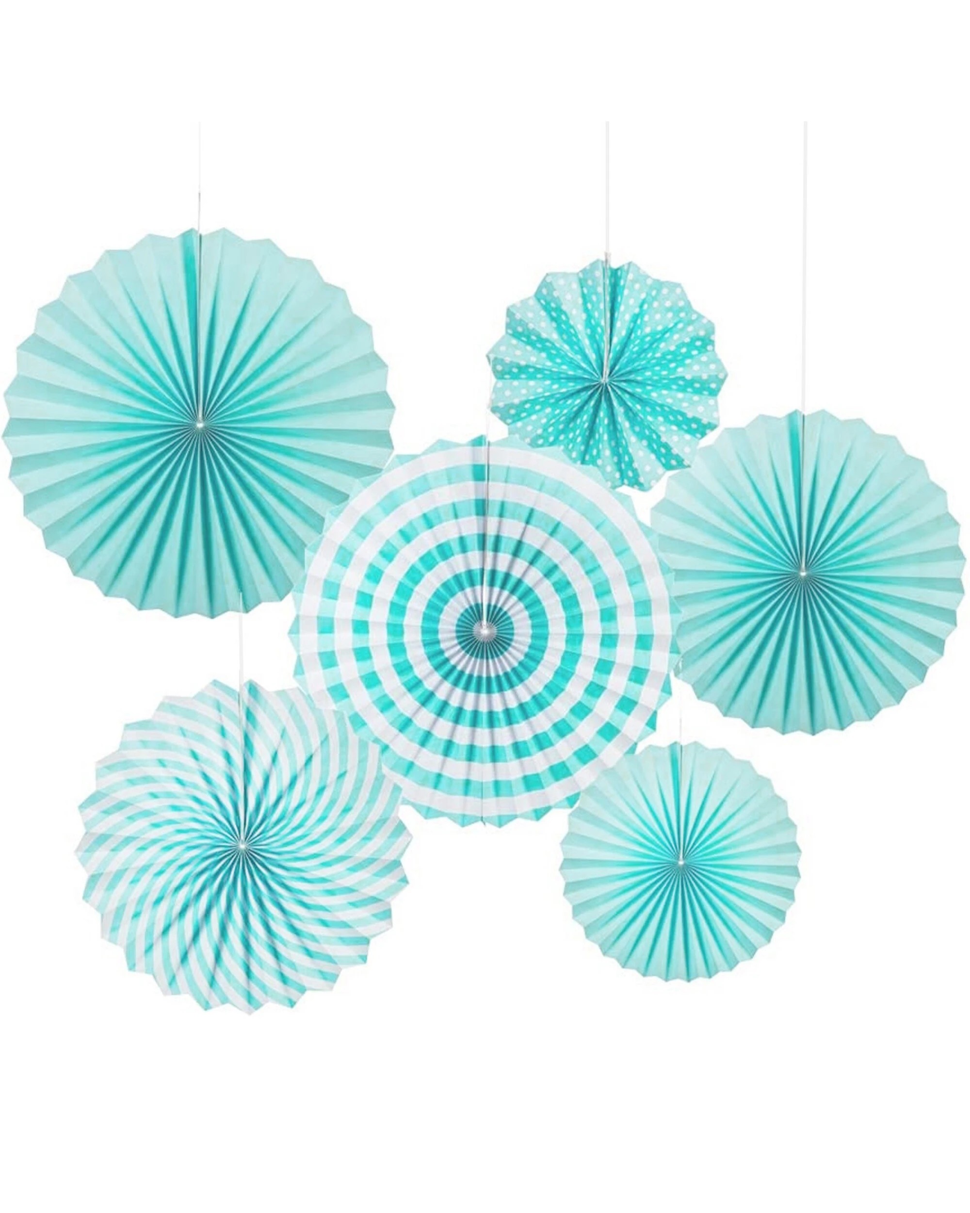 1 Partyrama Pastel Aqua Polka Dot & Stripe Paper Fans Pack of 6 - Blue, 1 of 1