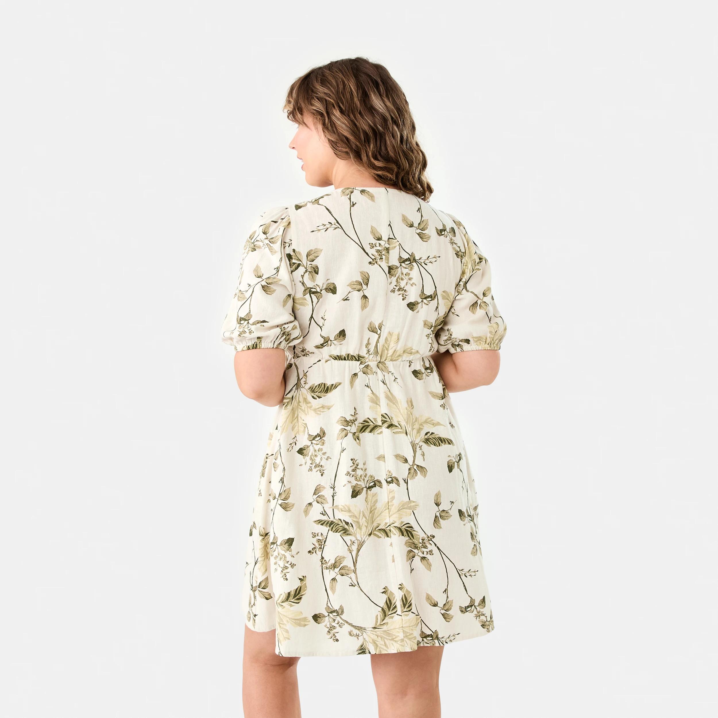 4 Short Sleeve Shirred V-Neck Mini Dress TROPICAL BURNT OLIVE, 4 of 9