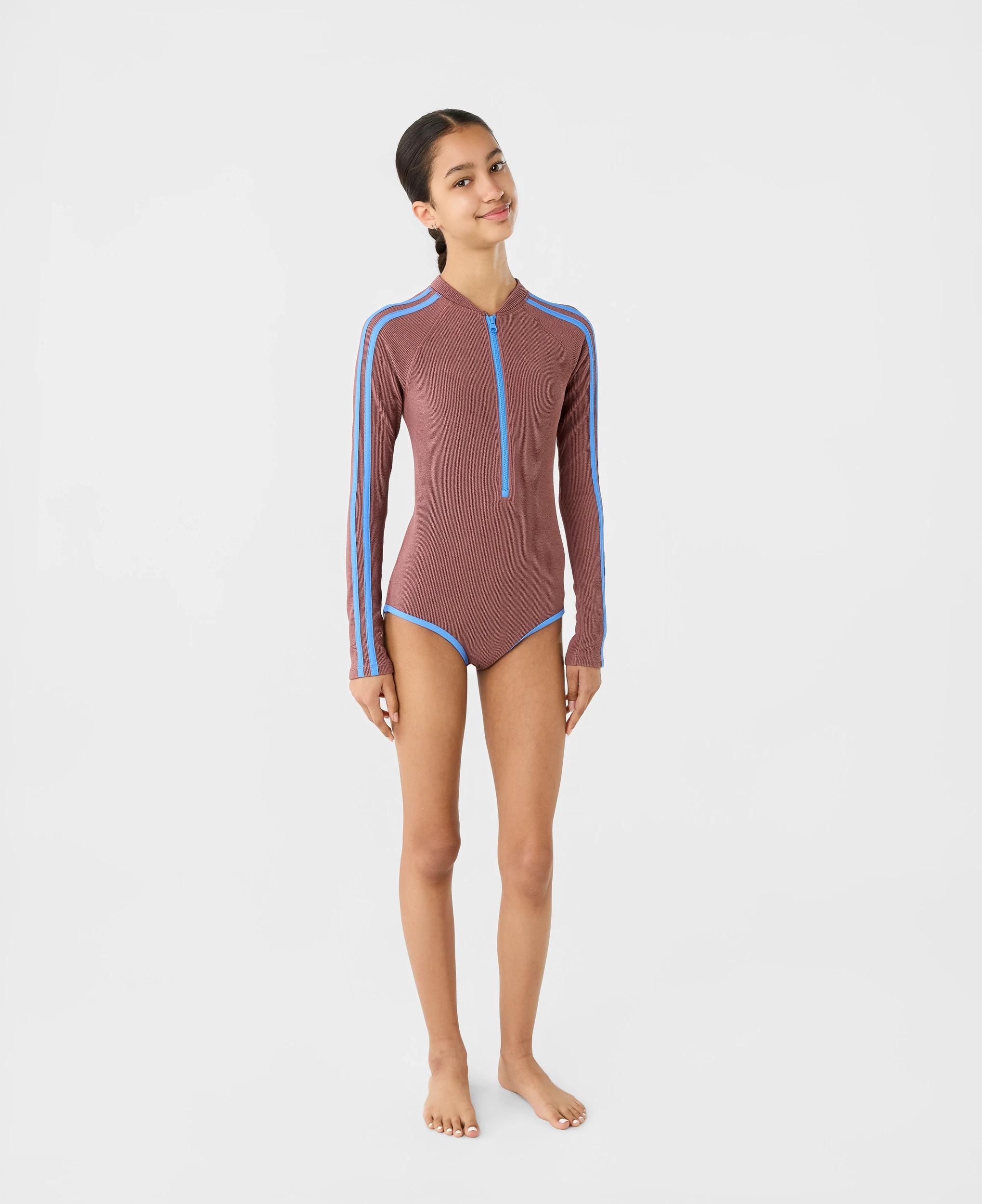 5 Long Sleeve Zip Side Stripe One Piece Swimsuit Dsrt Brwn, 5 of 5