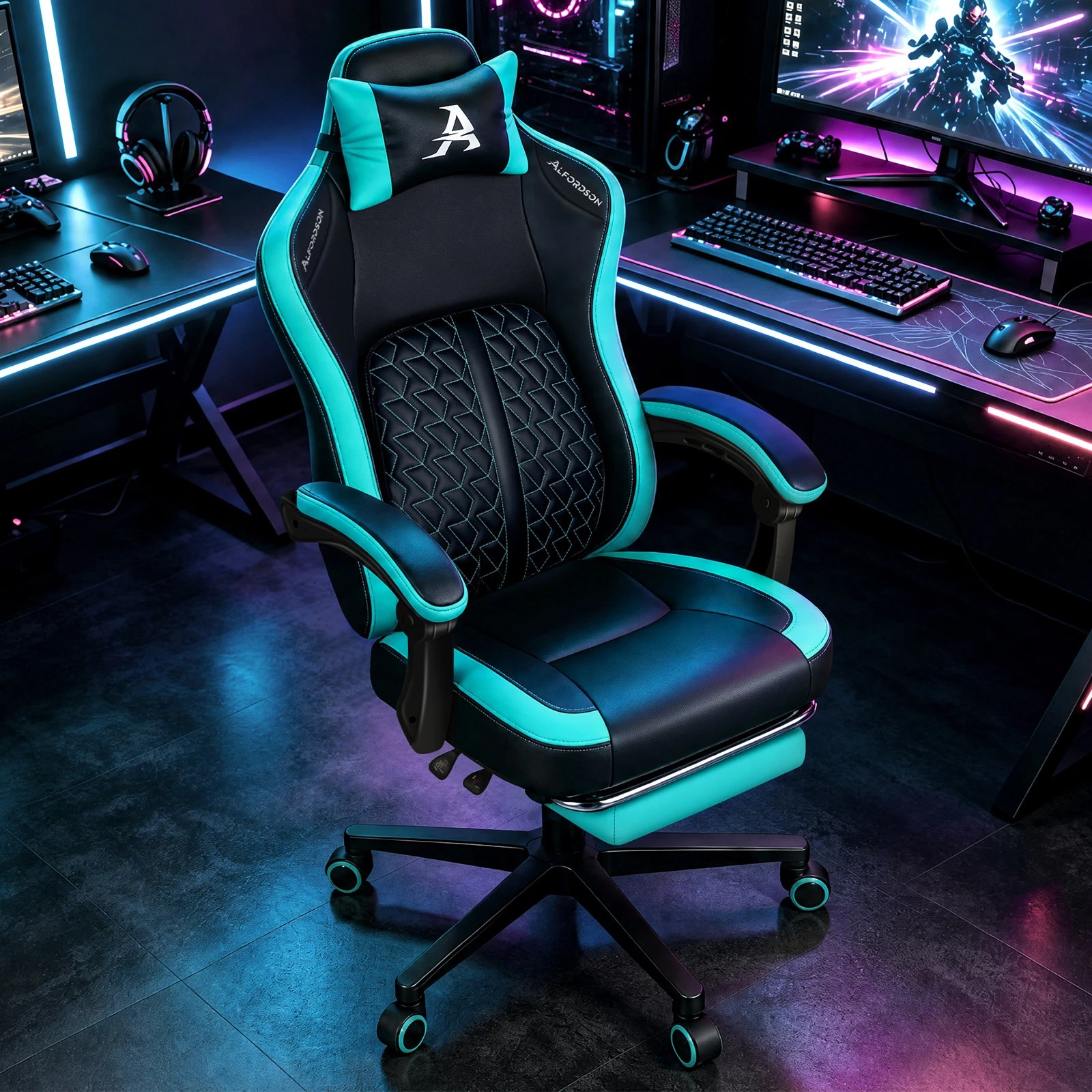 4 Alfordson Gaming Office Chair Ergonomic Computer Footrest Leather - Cyan, 4 of 4