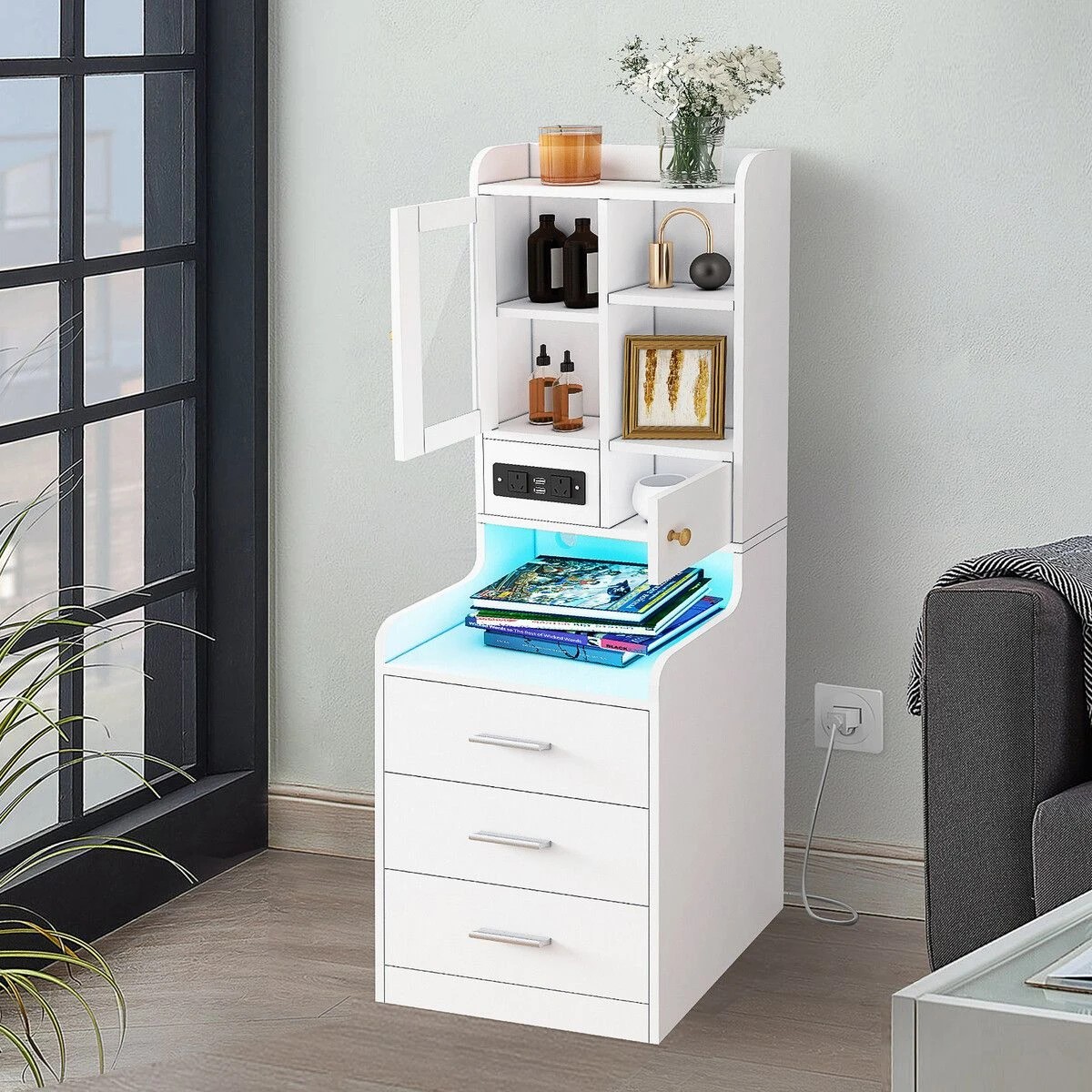 6 LUXSUITE Bedside Table Bookshelf LED Nightstand Lamp Cabinet, 6 of 7