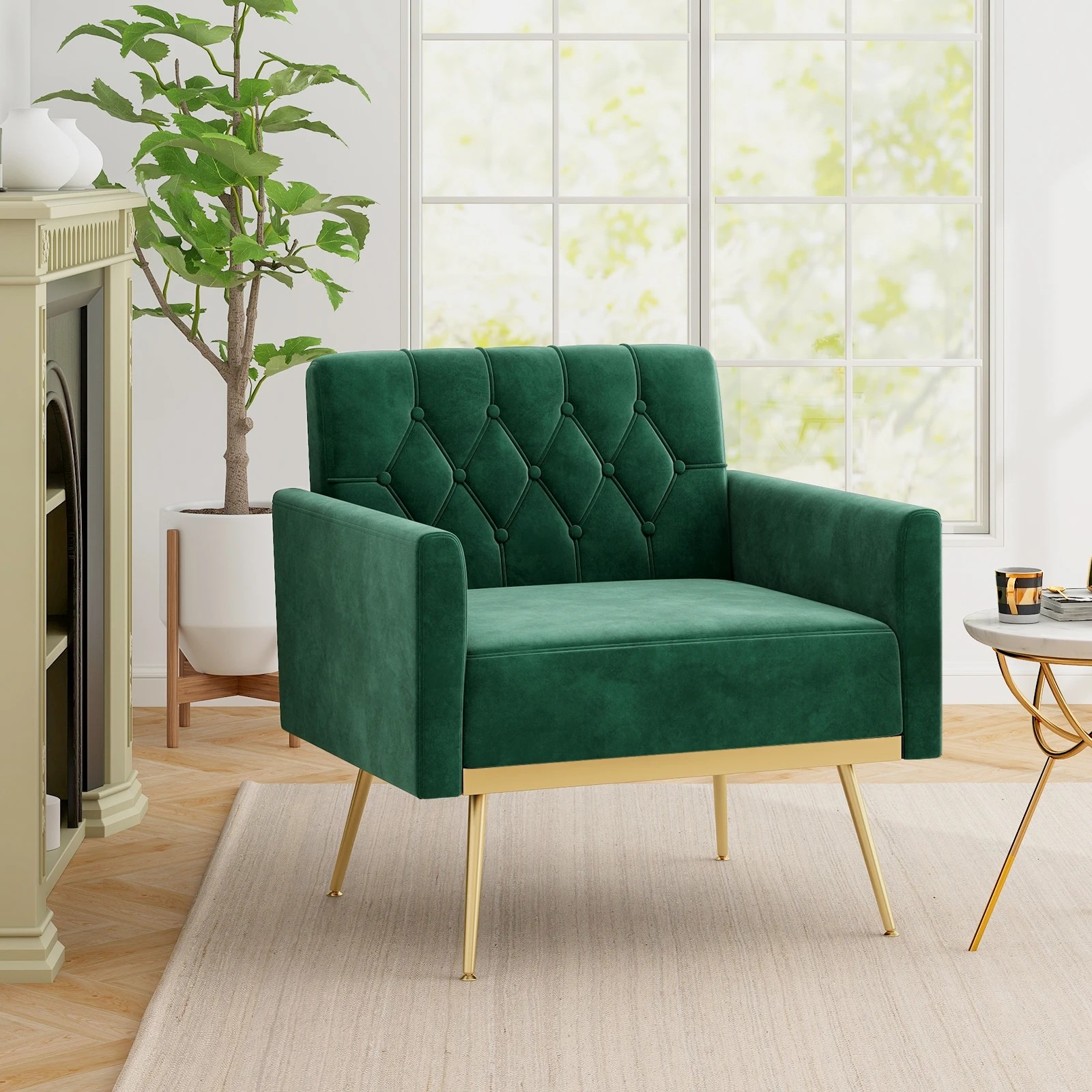 3 Costway Modern Accent Armchair Velvet Sofa Chair w/Button Tufted Back & Golden Metal Legs - Green, 3 of 5