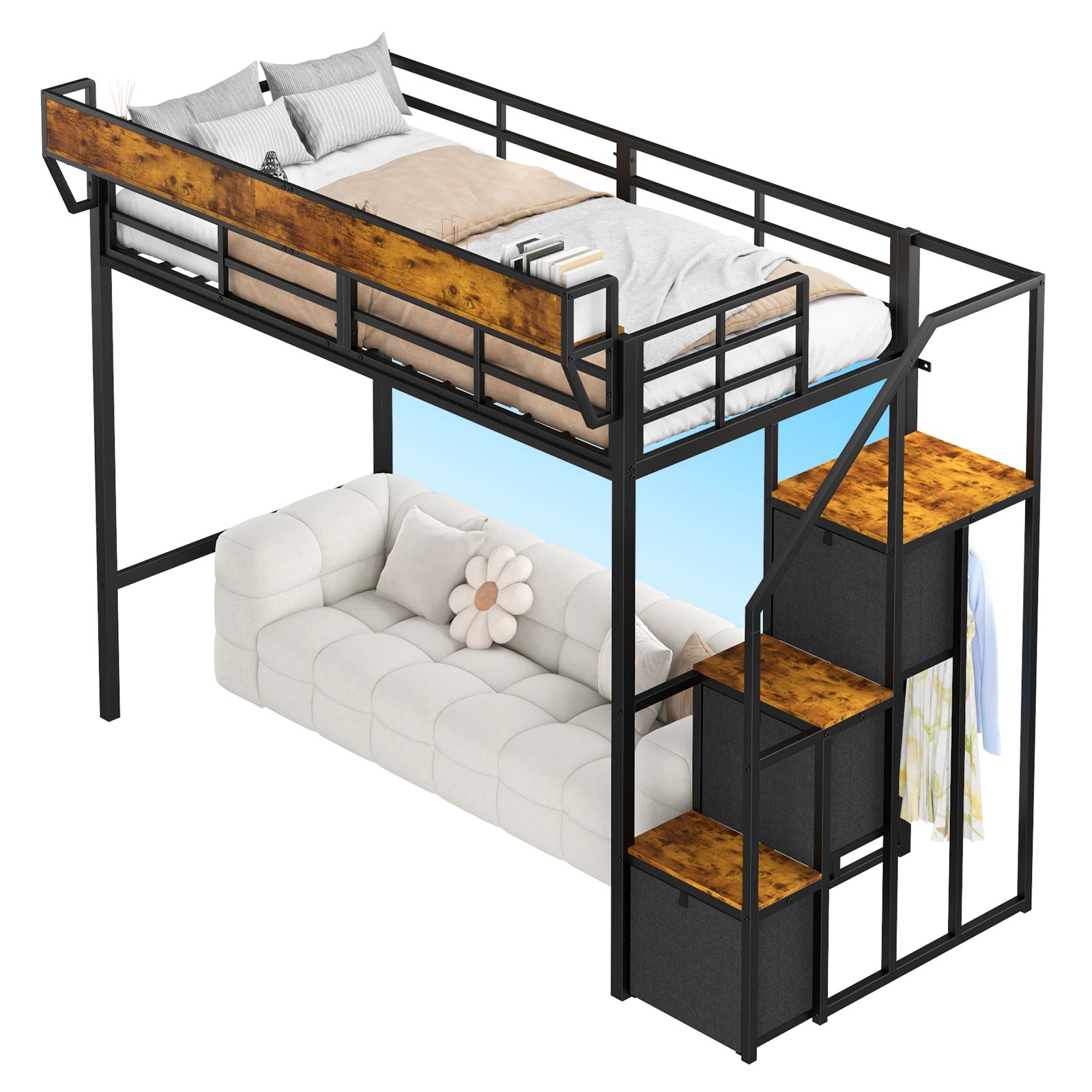 1 Advwin Single LED Loft Bed with Storage Stairs & Hanging Rod, Charging Station & Bedside Shelf - Black, 1 of 8