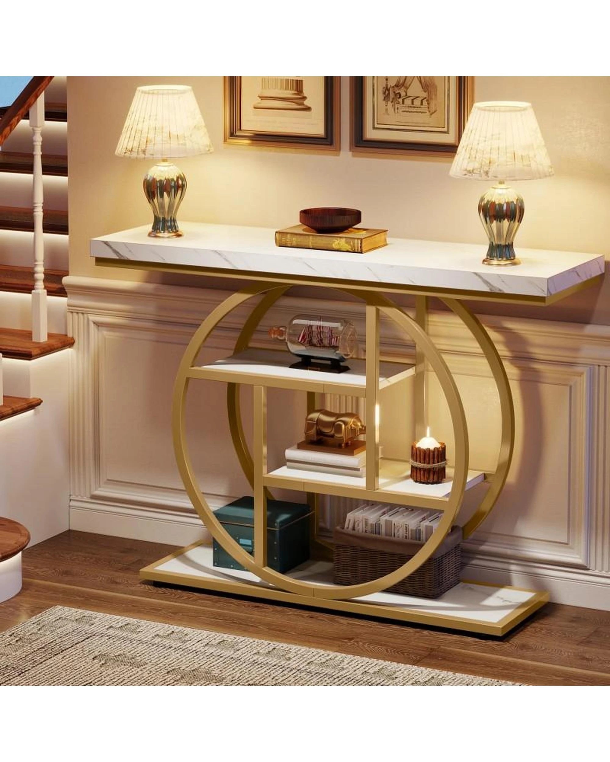 4 OAKORY 105cm Industrial Console Table with Gold Circular Metal Base 4-Tier Shelves in White, 4 of 7
