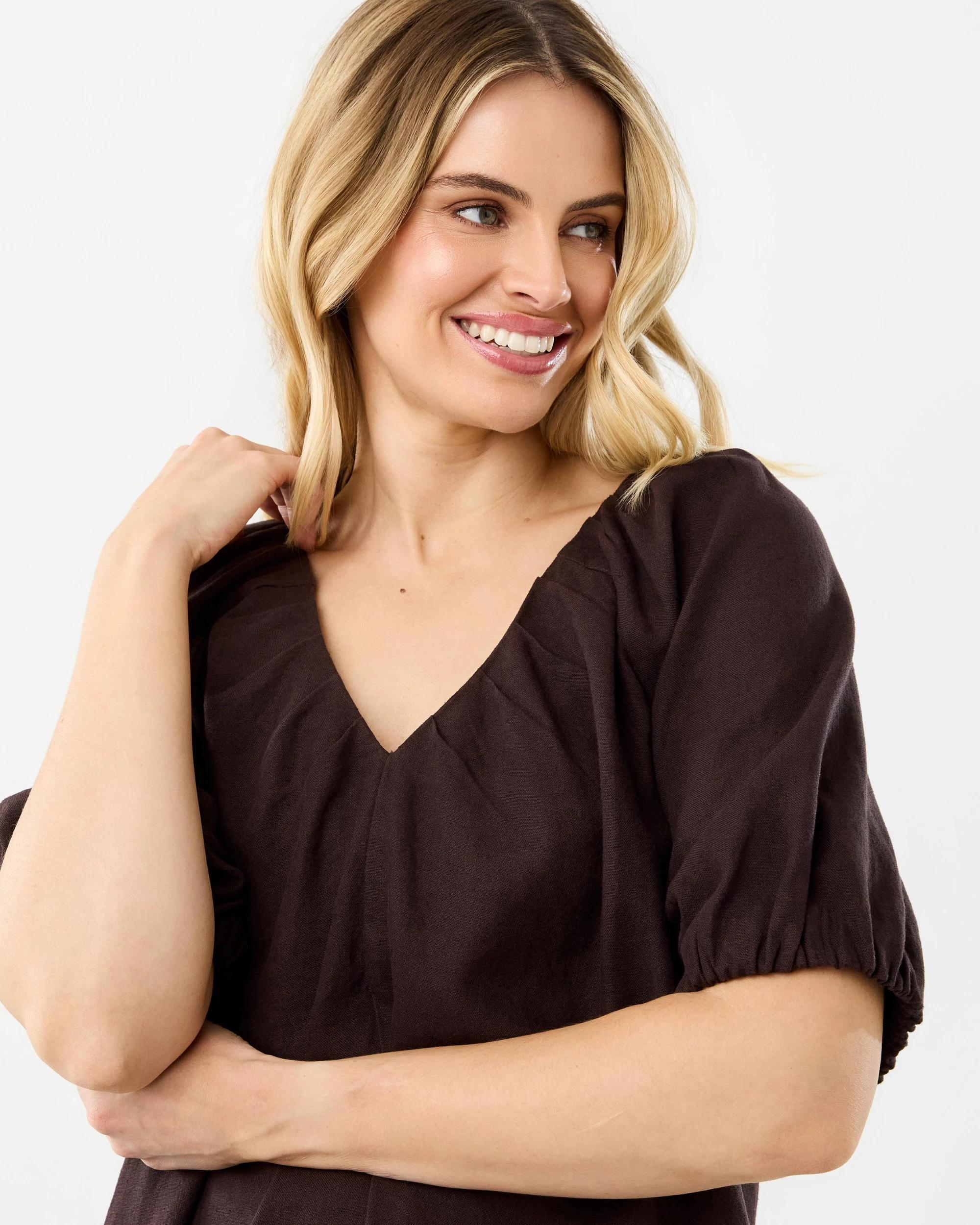 4 Short Sleeve Linen Blend Puff Sleeve Mini Dress Cbean, 4 of 8