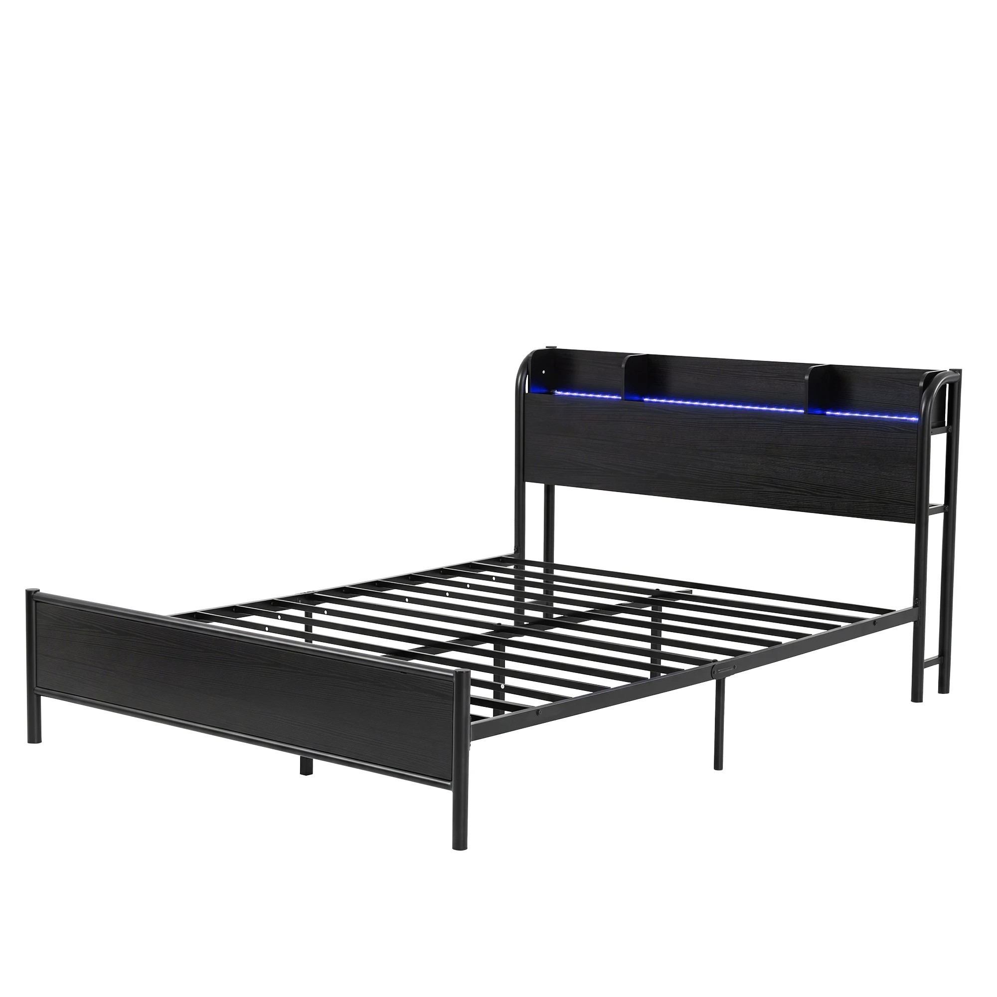 1 Artiss Bed Frame Queen Size with Storage Shelf Headboard Charging Station GRID - Black, 1 of 7