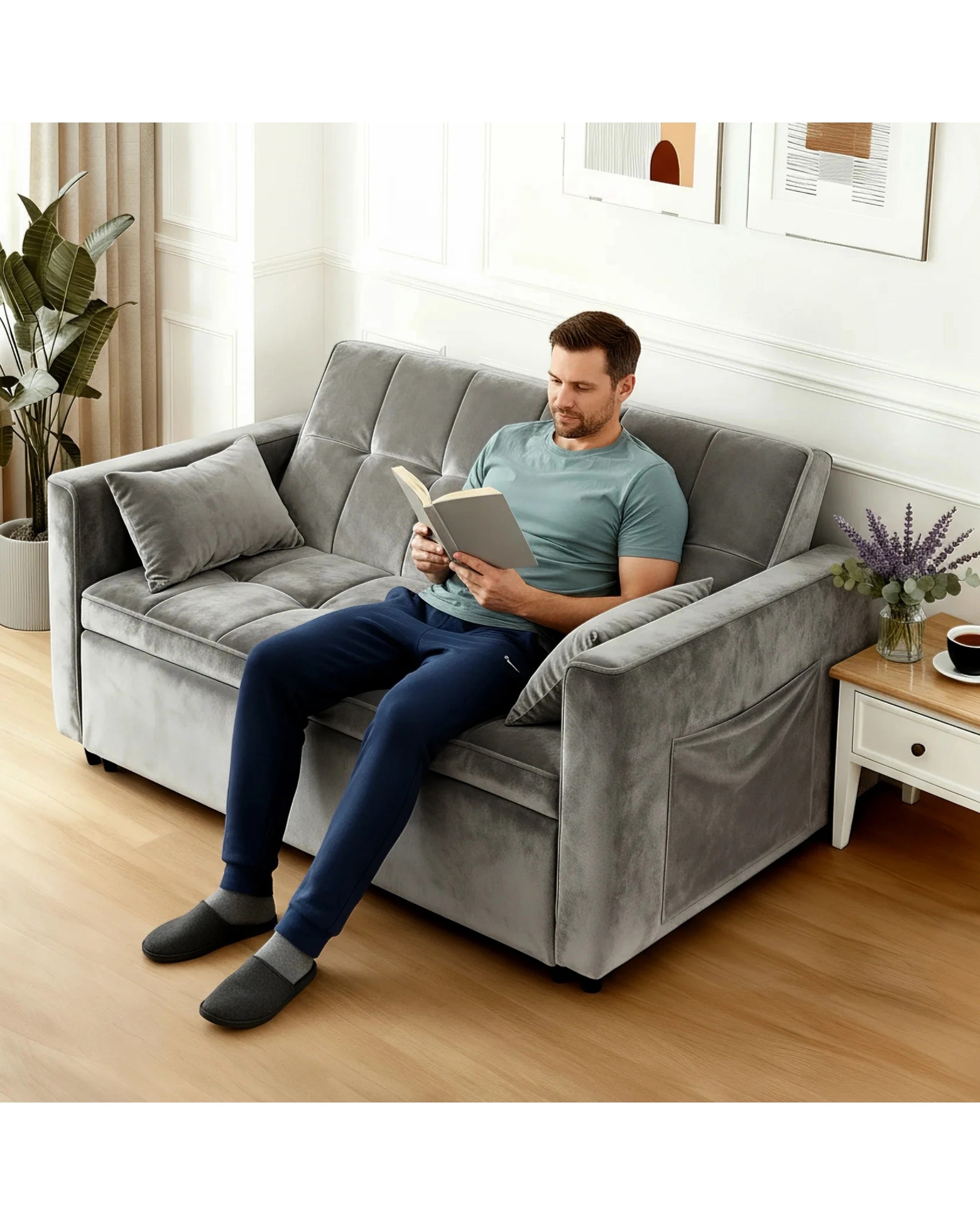 5 Advwin 3 in 1 Convertible Sofa Bed Velvet Sleeper Loveseat with Adjustable Backrest Pull Out Couch with Side Pocket, 5 of 10