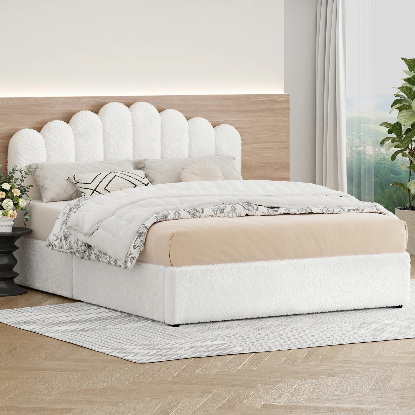 2 Alfordson Bed Frame Queen Size Gas Lift Storage Base Wooden Boucle Mutis - White, 2 of 9