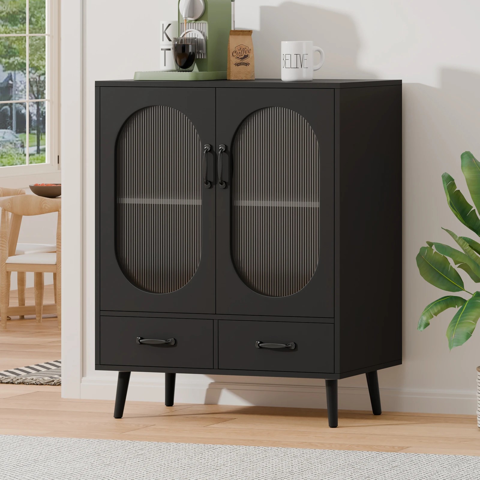 2 Alfordson Buffet Sideboard 2 Drawers Storage Cabinet Fluted Doors Cupboard - Black, 2 of 9