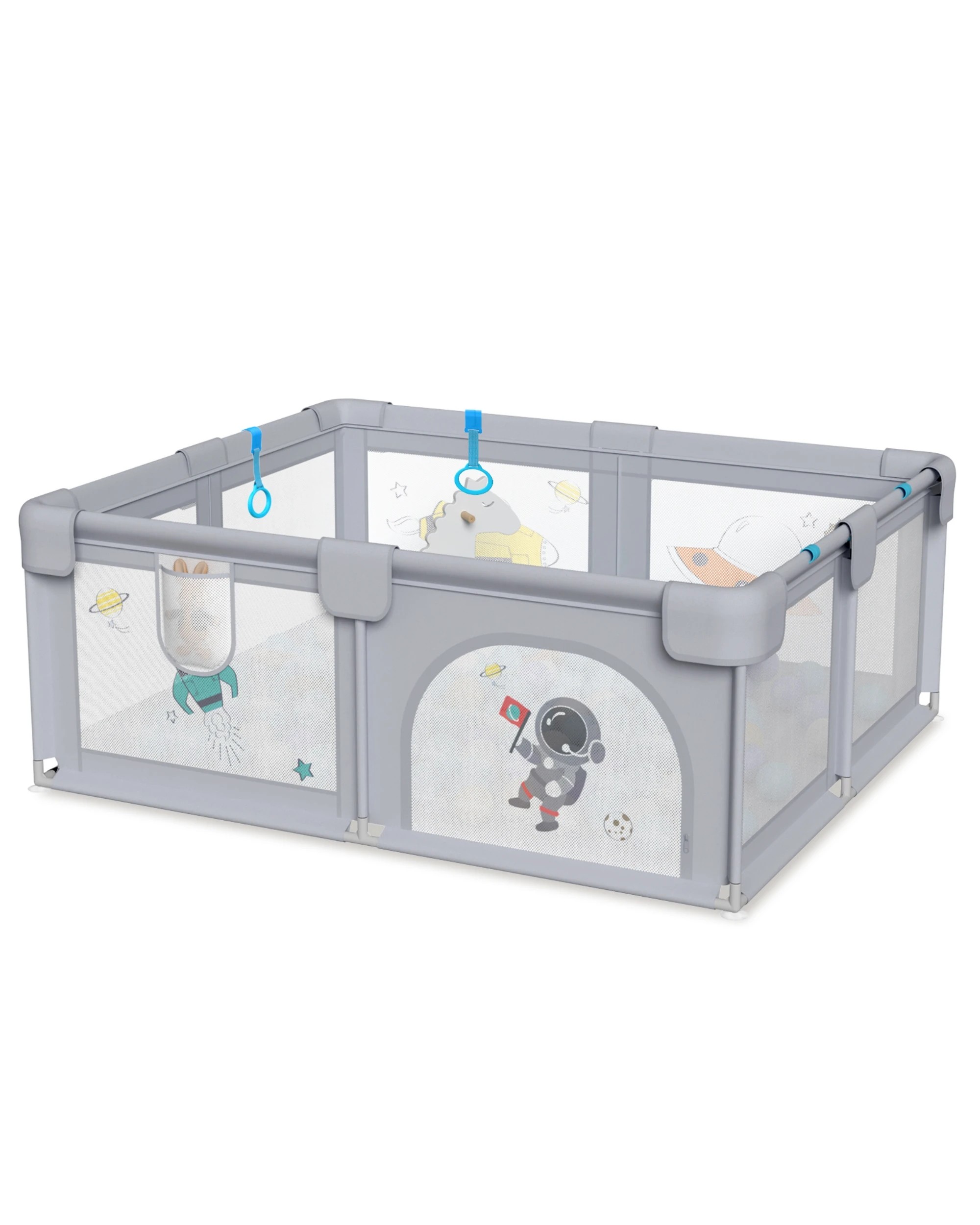 3 Advwin 155x 185cm Large Baby Playpen with Anti-Slip Base 2 Pull Ring - Grey, 3 of 4