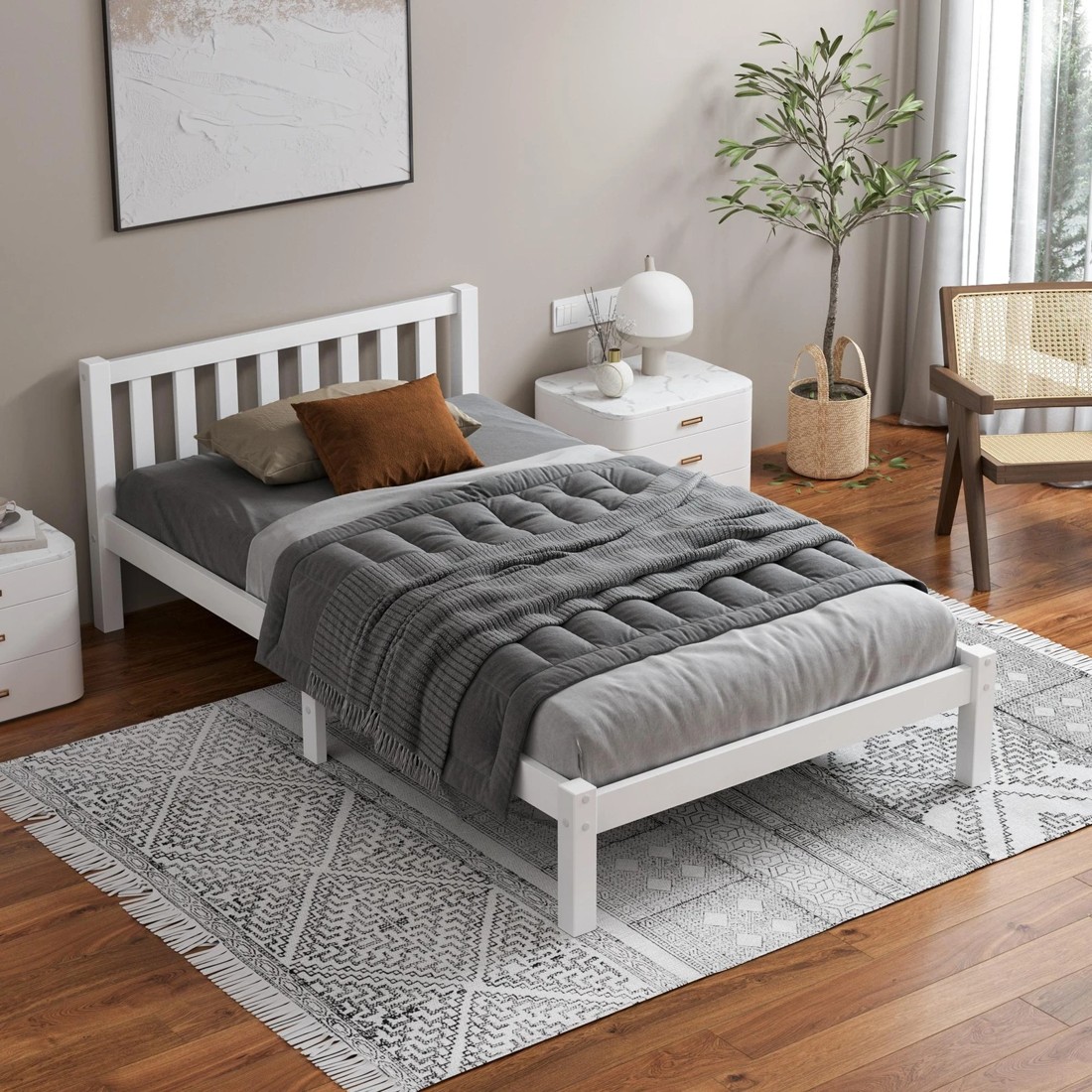 2 Alfordson Bed Frame Wooden Timber Single Size Mattress Base Platform Fenella - White, 2 of 10