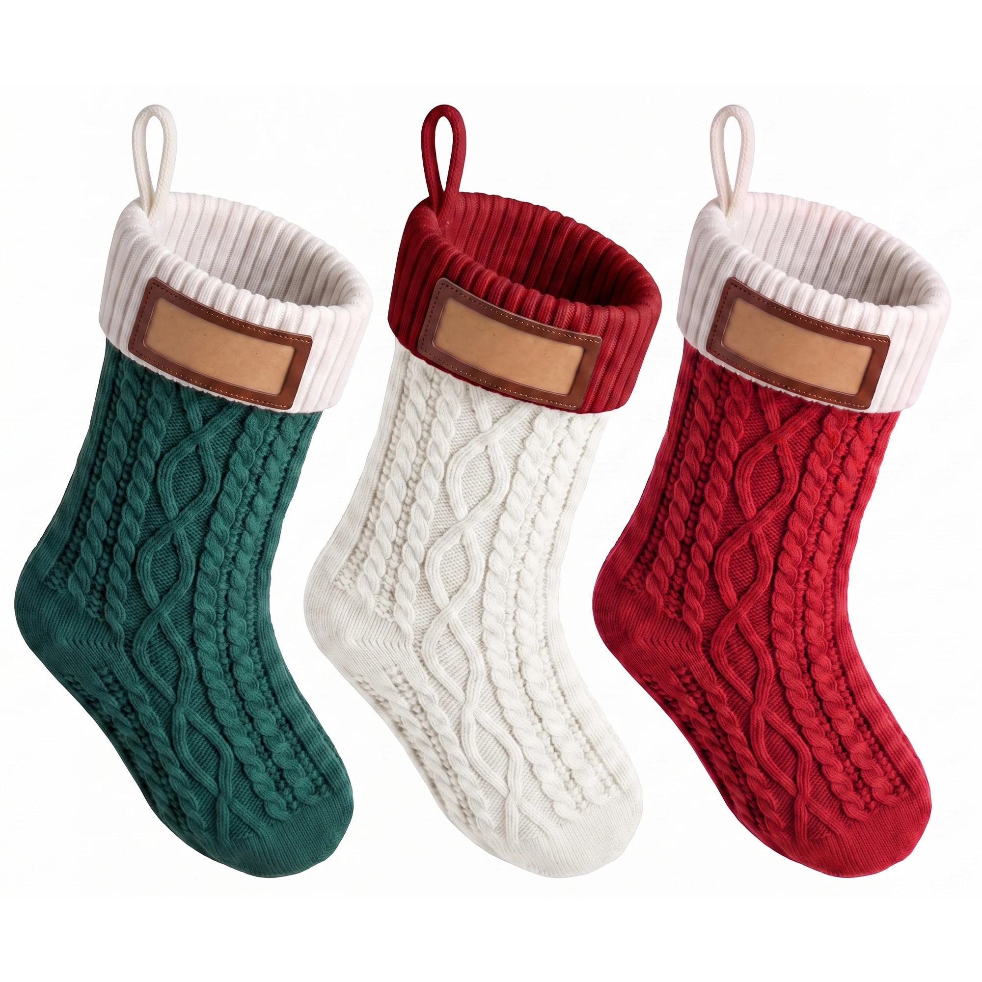 4 Jingle Jollys 3PCS Personalized Christmas Stockings Leather Patches 16 Inch Knitted Xmas Hanging Decor - Multi, 4 of 7