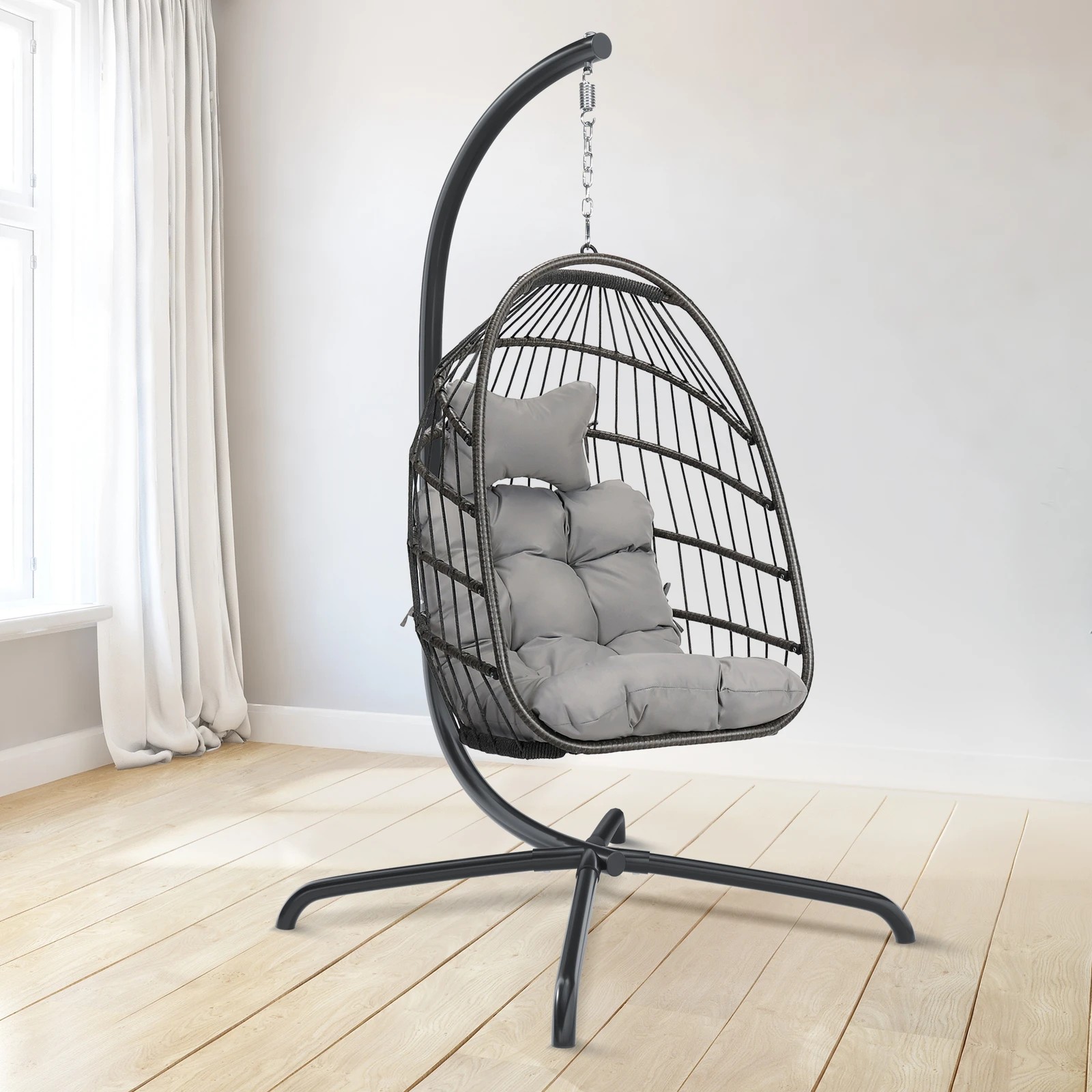 4 Alfordson Outdoor Egg Swing Chair Wicker Rattan Pod Foldable Seat - Light Grey, 4 of 10