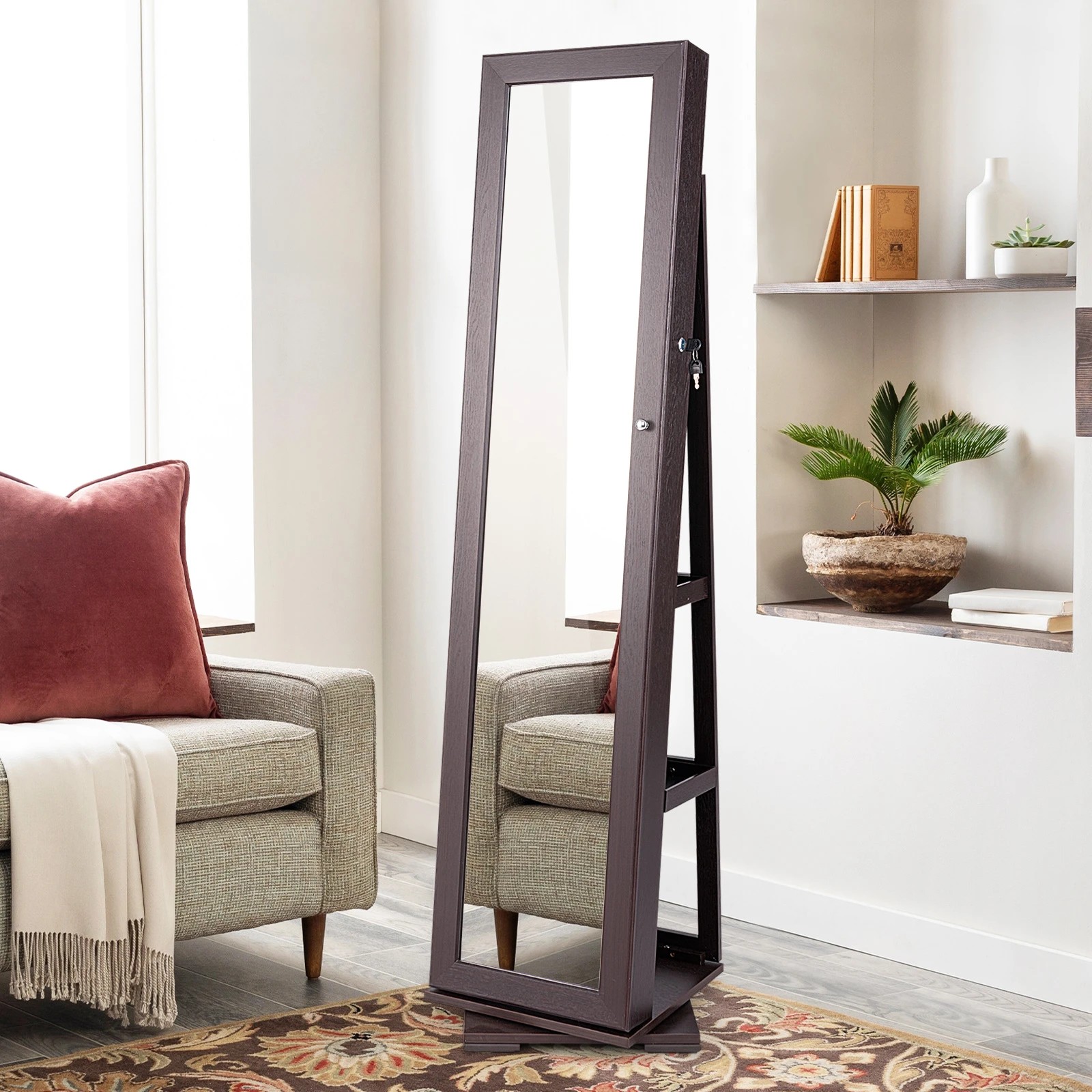 2 Costway Rotating Lockable Jewellery Cabinet Armoire w/Full-Length Mirror Jewelry Organizer - Brown, 2 of 5
