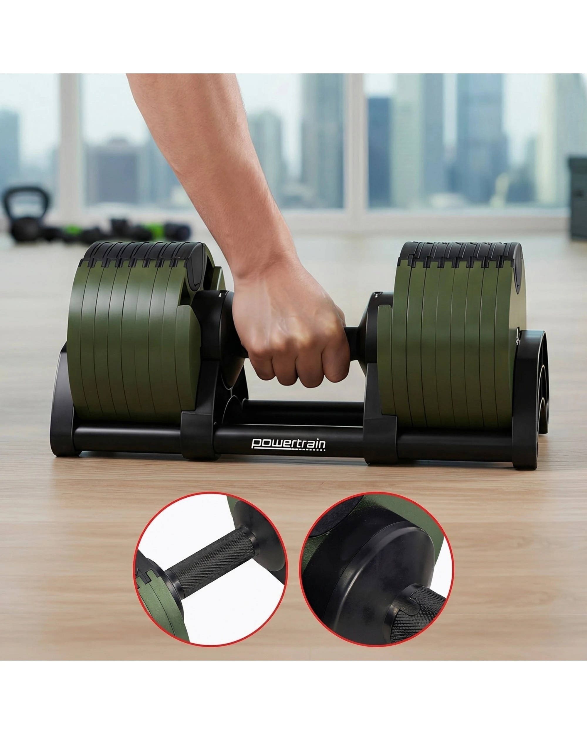 9 Powertrain Eon Green Dial Up 45KG Adjustable Dumbbell Pair with Stand 9 Weight Options - Green, 9 of 10
