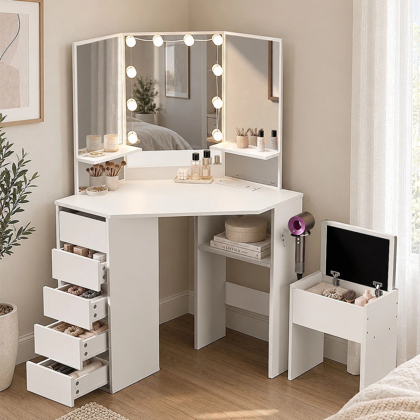 Oikiture Corner Dressing Table Set Tri-fold Mirror LED Drawers Storage ...