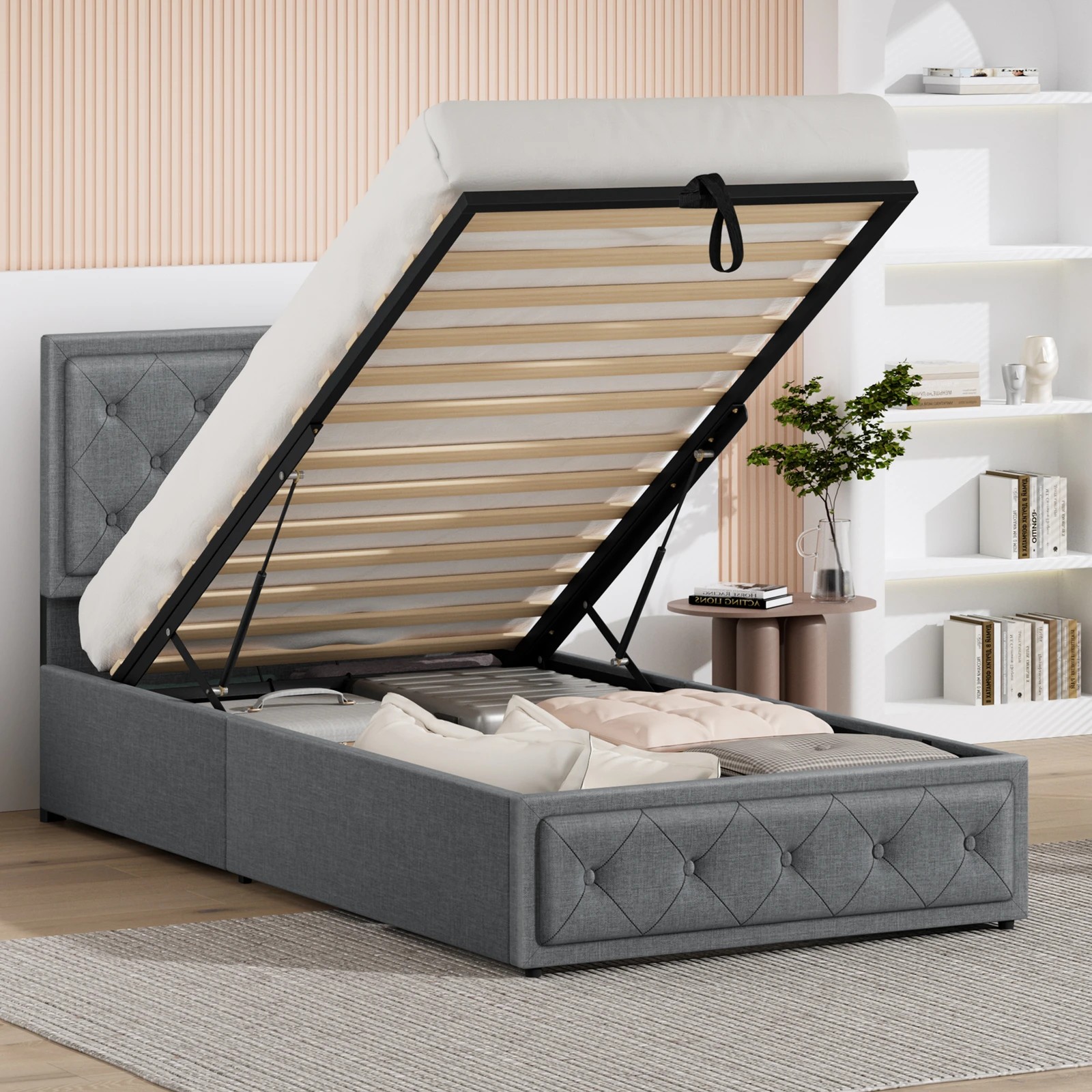4 Alfordson Bed Frame Single Size Gas Lift Storage Mattress Base Fabric Dinana - Grey, 4 of 10