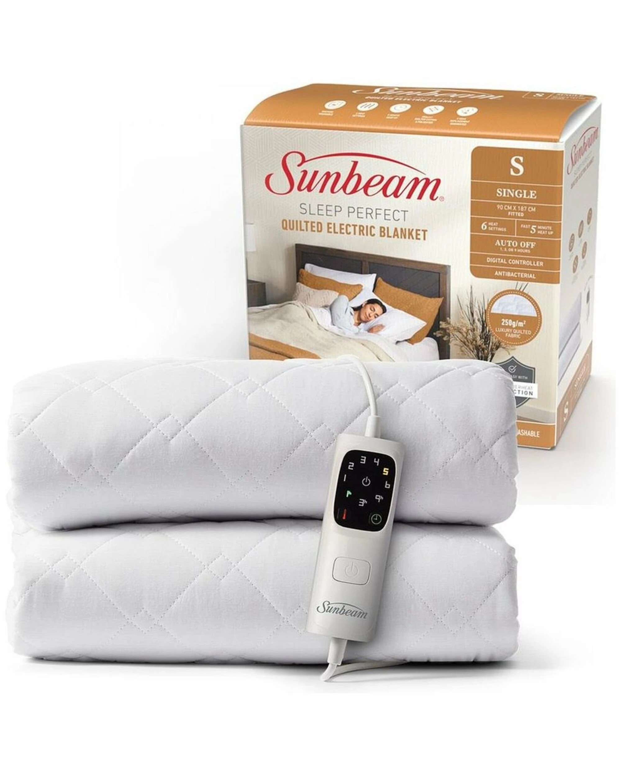 1 Sunbeam Sleep Perfect Quilted Anti Bacterial Single Electric Blanket, 1 of 5