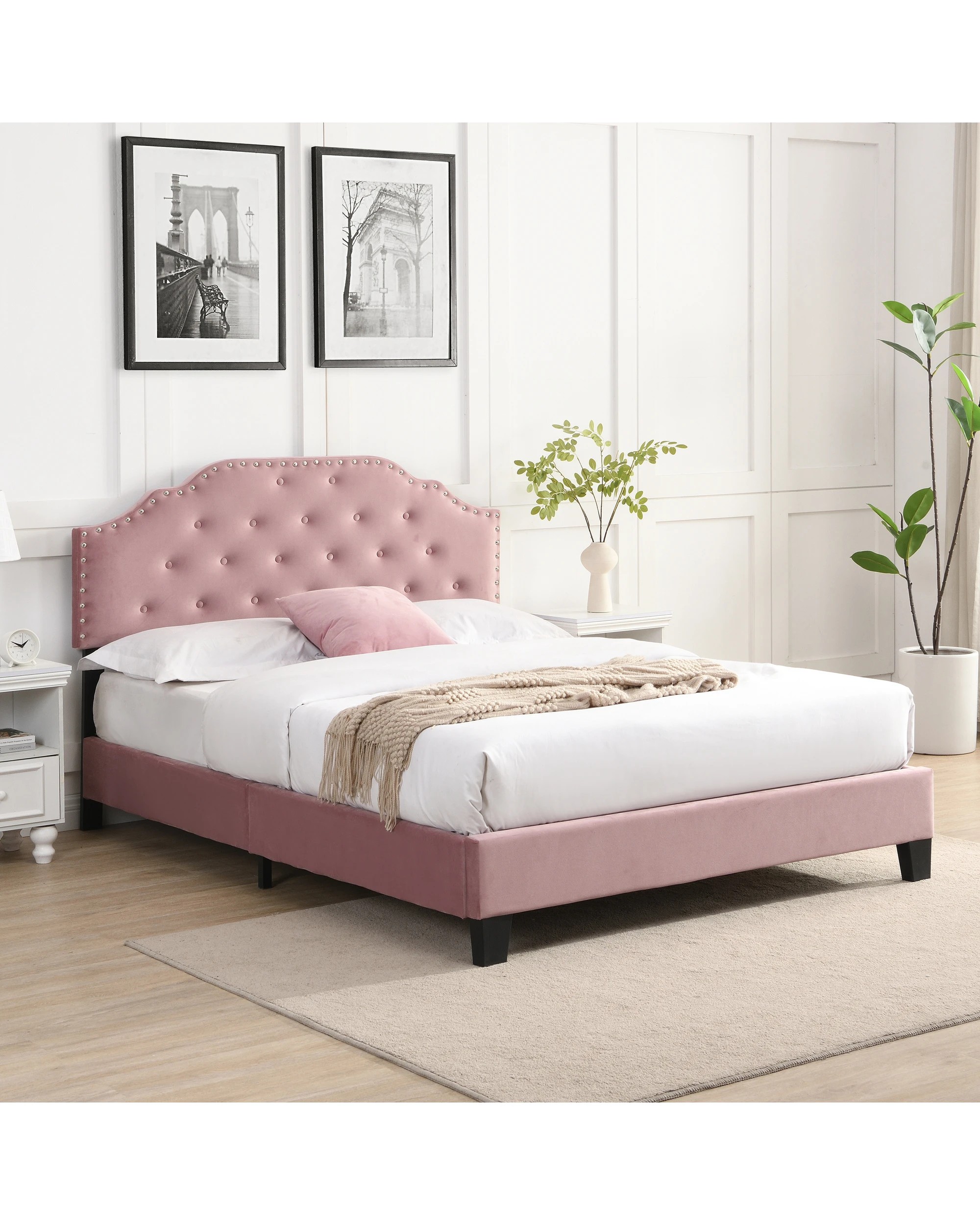 2 IHOMDEC BEF02 Double Velvet Button Tufted Bed Frame - Pink - Pink, 2 of 10