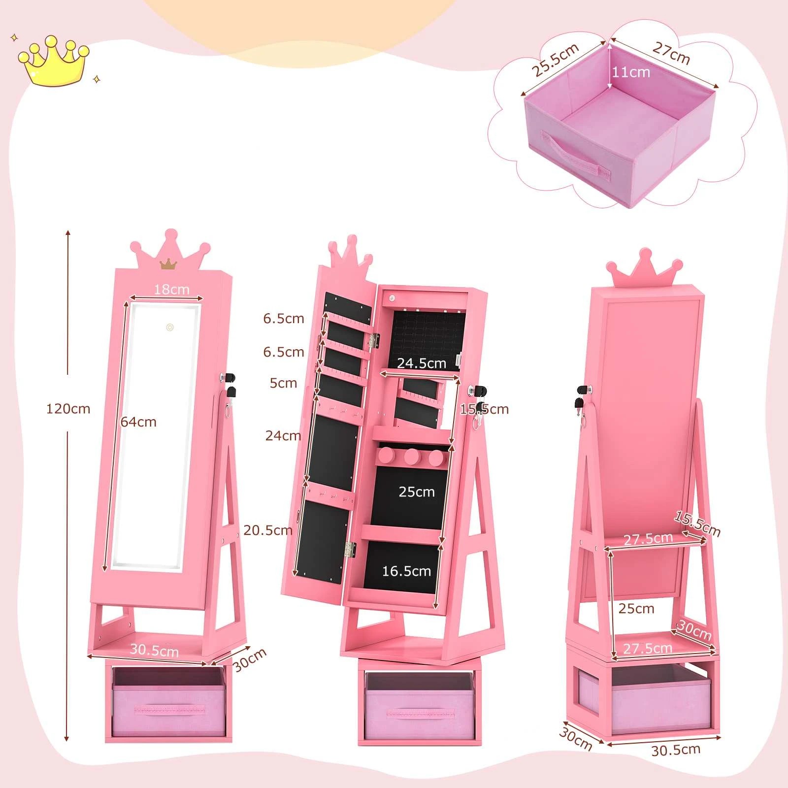 2 Costway 3in1 Swivel Mirror Jewellery Cabinet Crown Jewelry Organizer - Pink, 2 of 2