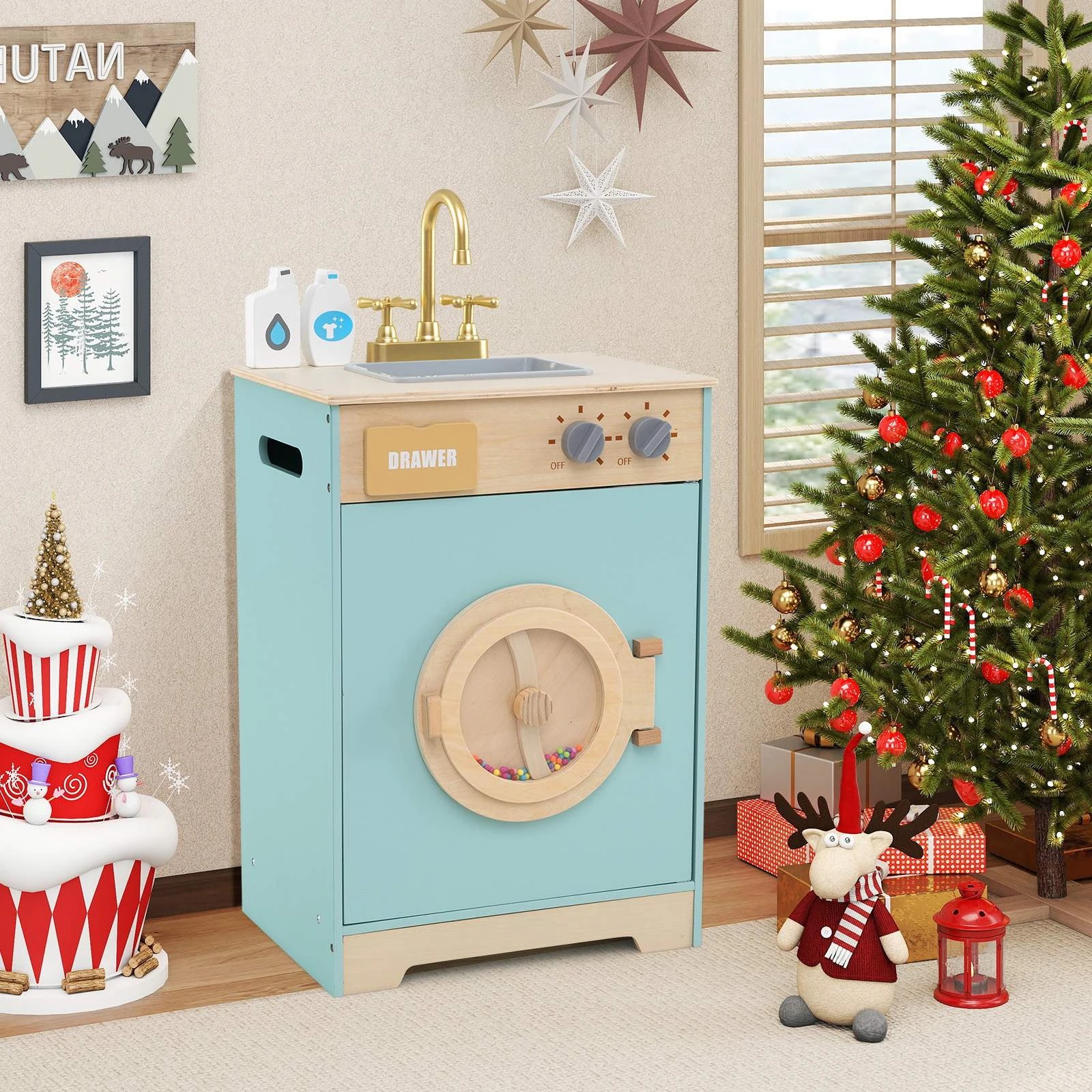 1 Costway Washer Playset Toy Wooden Washing Machine Laundry Pretend Play Set - Multi, 1 of 1