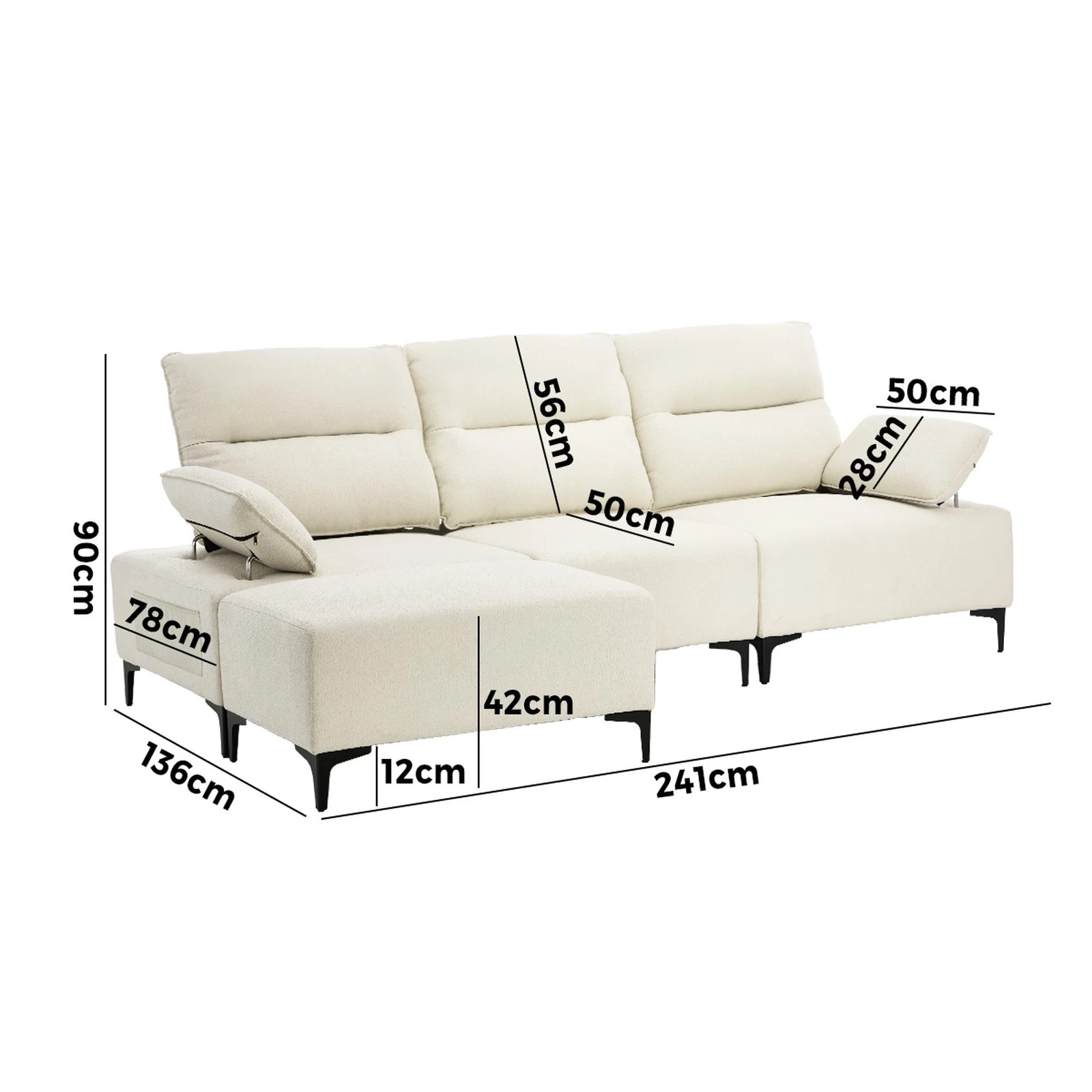 3 Oikiture 4 Seater Chenille Modular Sofa Couch Ottoman - Beige, 3 of 10