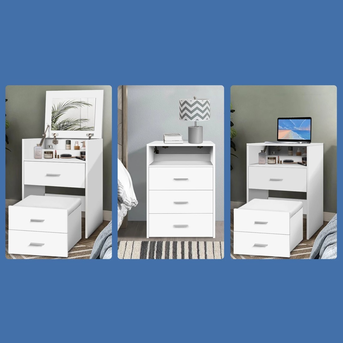 4 Alfordson Dressing Table Stool Set 2-In-1 Bedside Table Makeup Mirror - White, 4 of 10