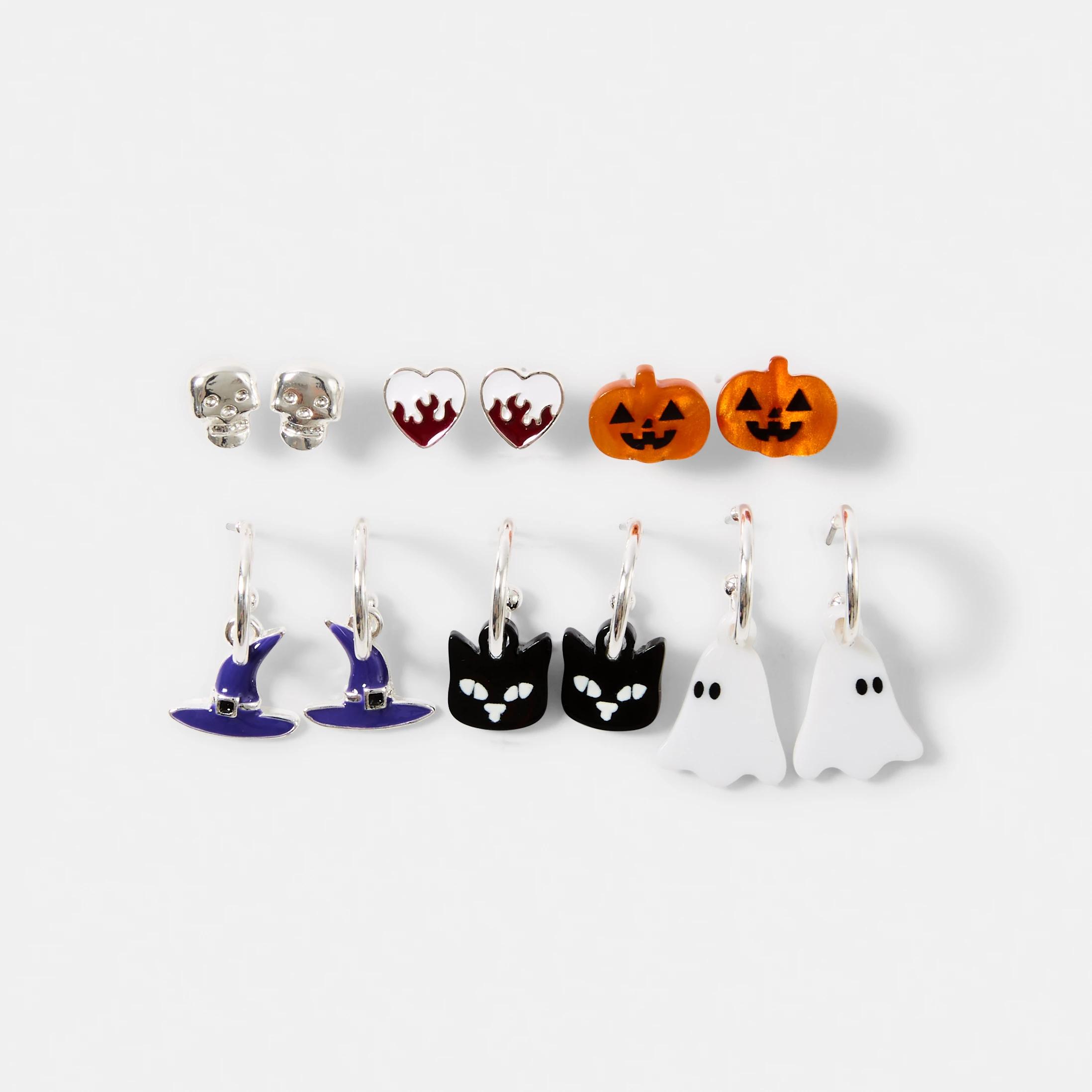 1 6 Pack Halloween Witch Earrings - Silver Tone, Orange, Blue, Black and White Silver, 1 of 4
