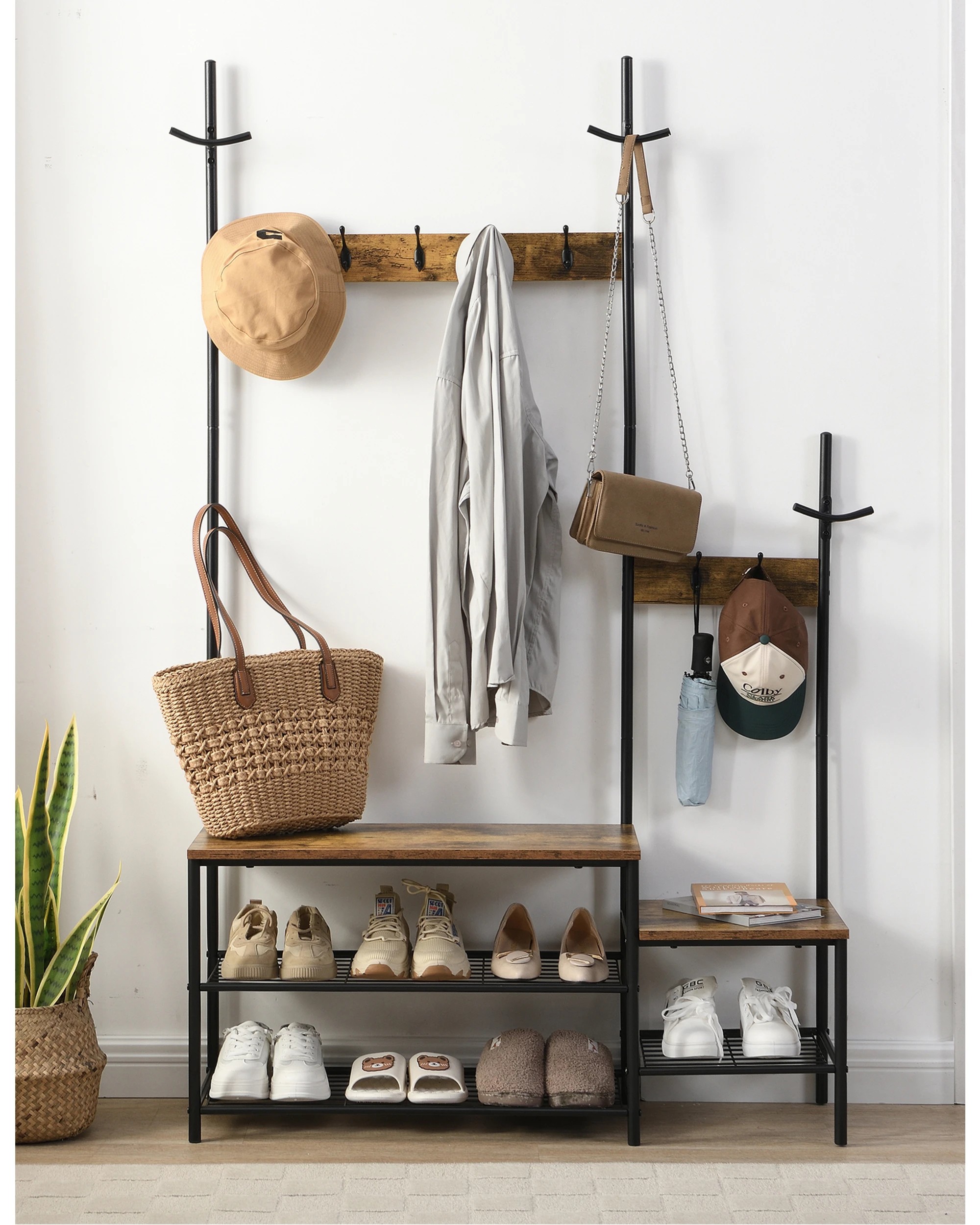 3 IHOMDEC Parent Child Hall Tree Coat Rack Shoe Bench, 2 in 1 Entryway Organizer, 3 of 5