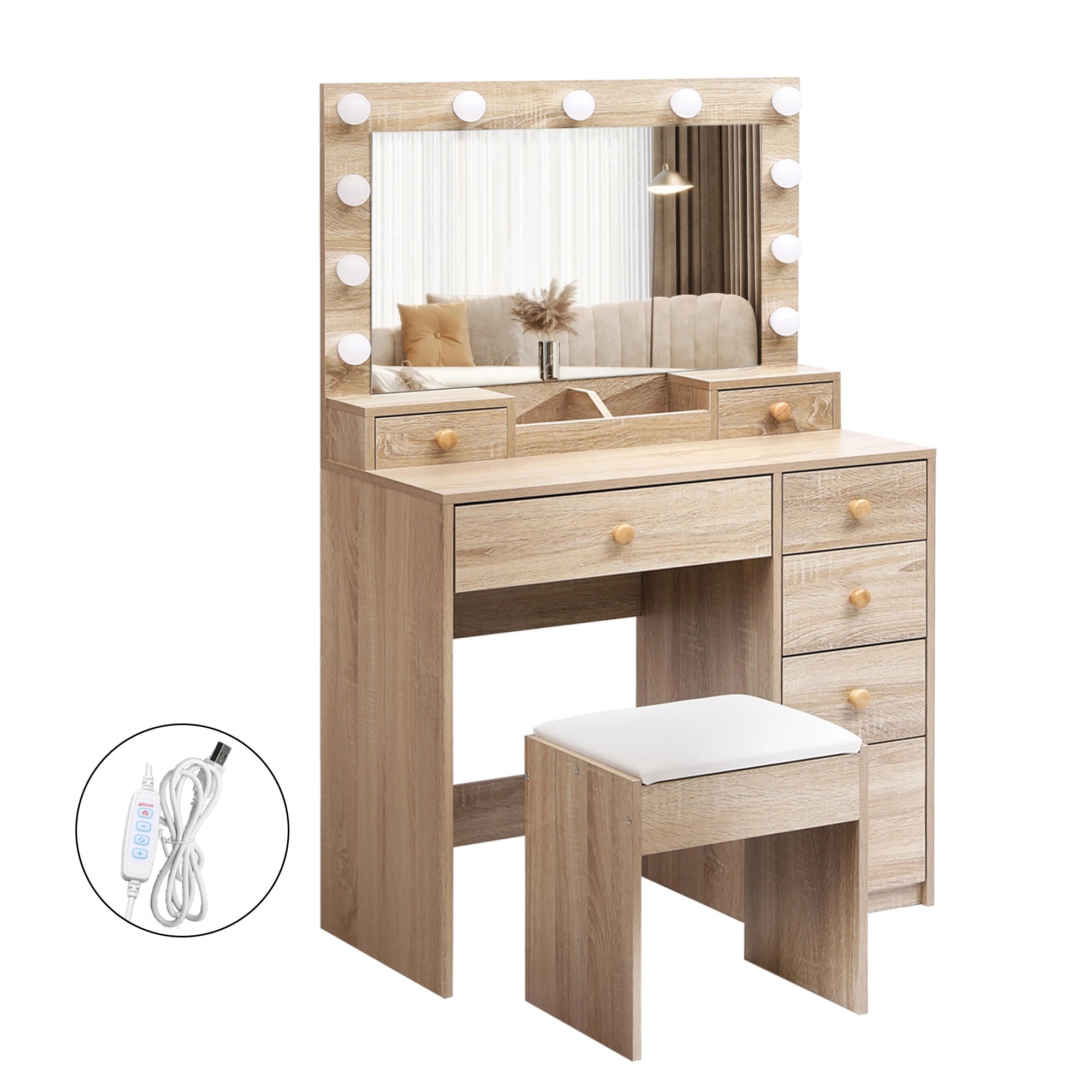 1 Levede Led Mirrordressing Table Set-natural, 1 of 9
