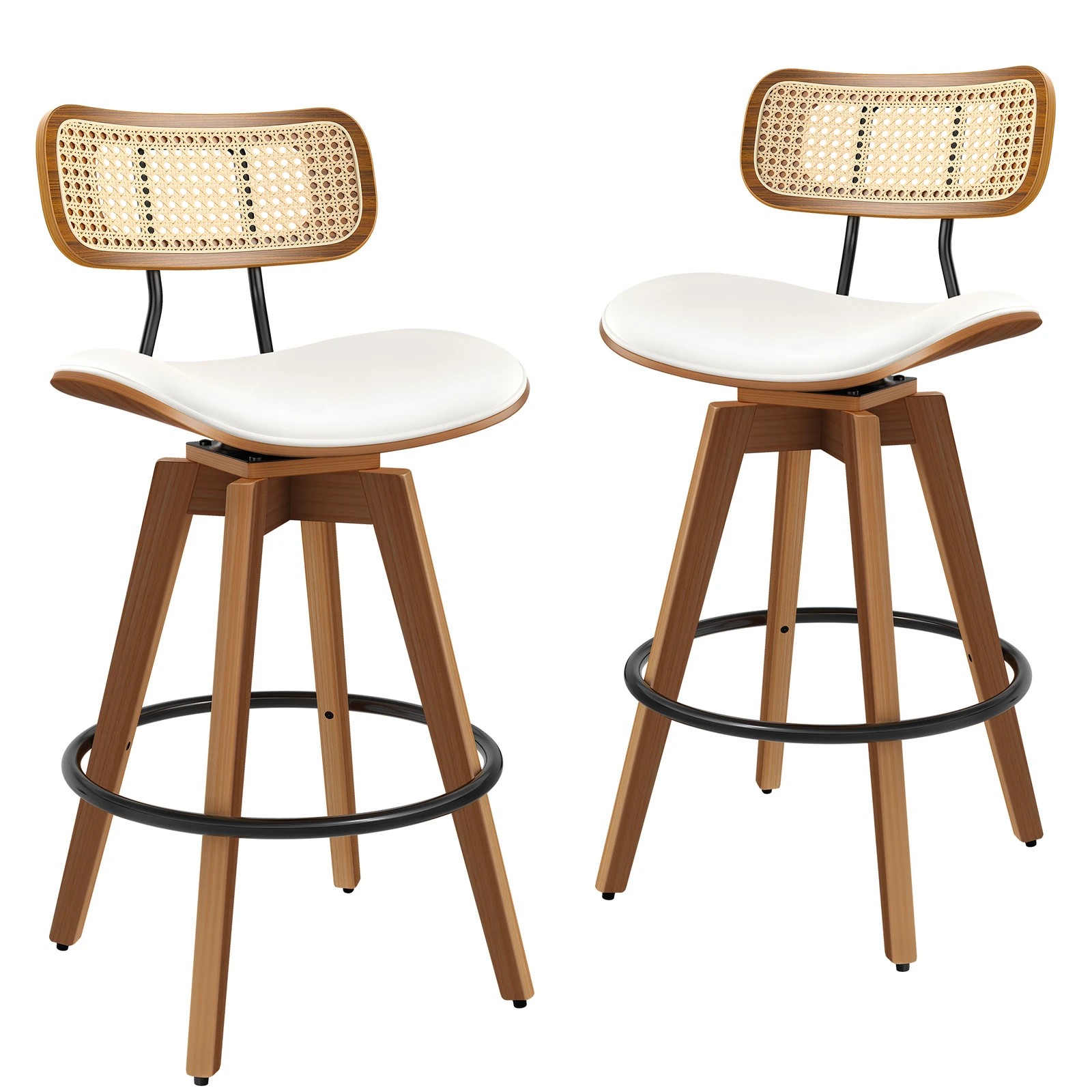 1 Alfordson 2x Bar Stools Kitchen Vintage Leather Seat Rattan Chair - White, 1 of 9