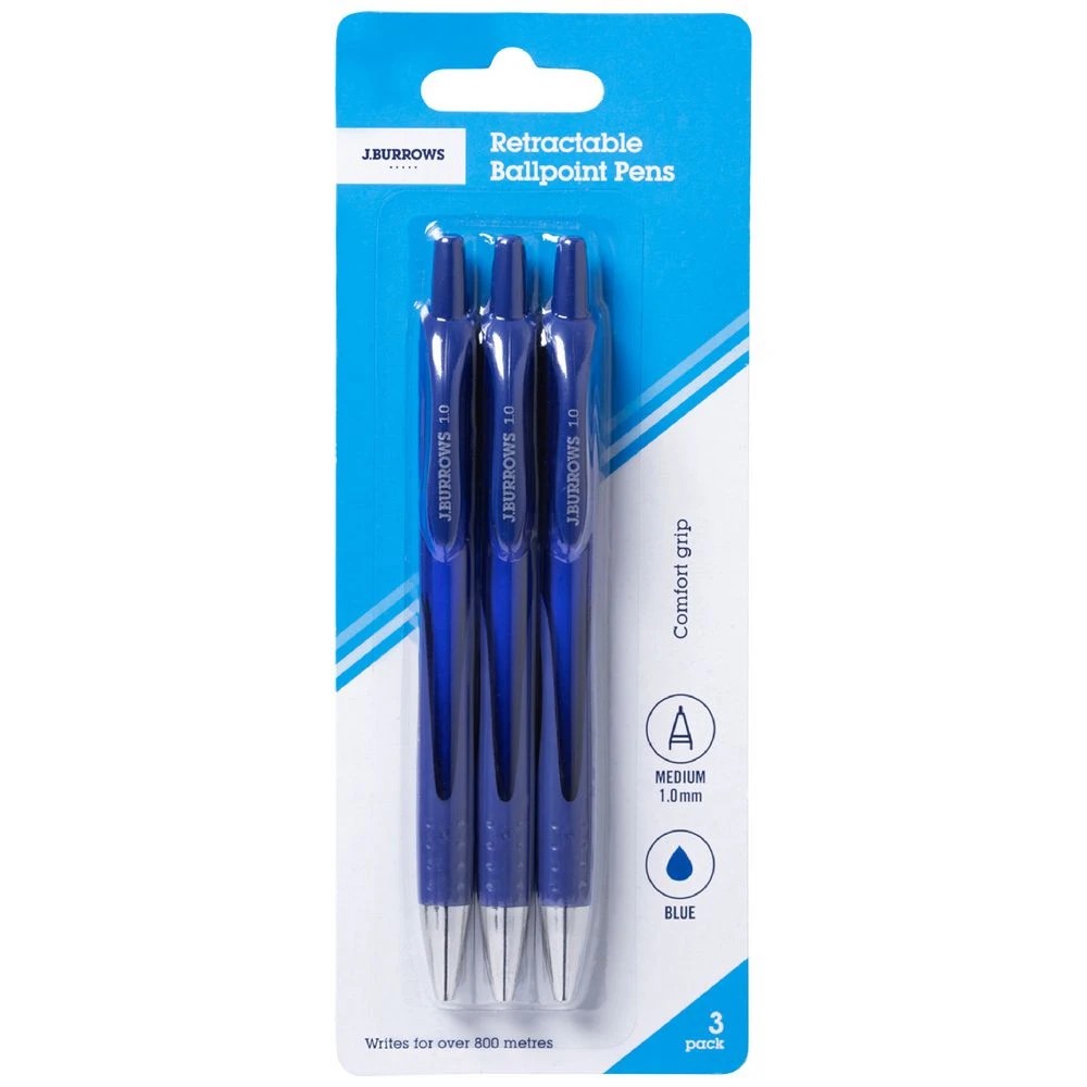 1 J.Burrows Retractable Ballpoint Pens Blue 3 Pack, 1 of 2