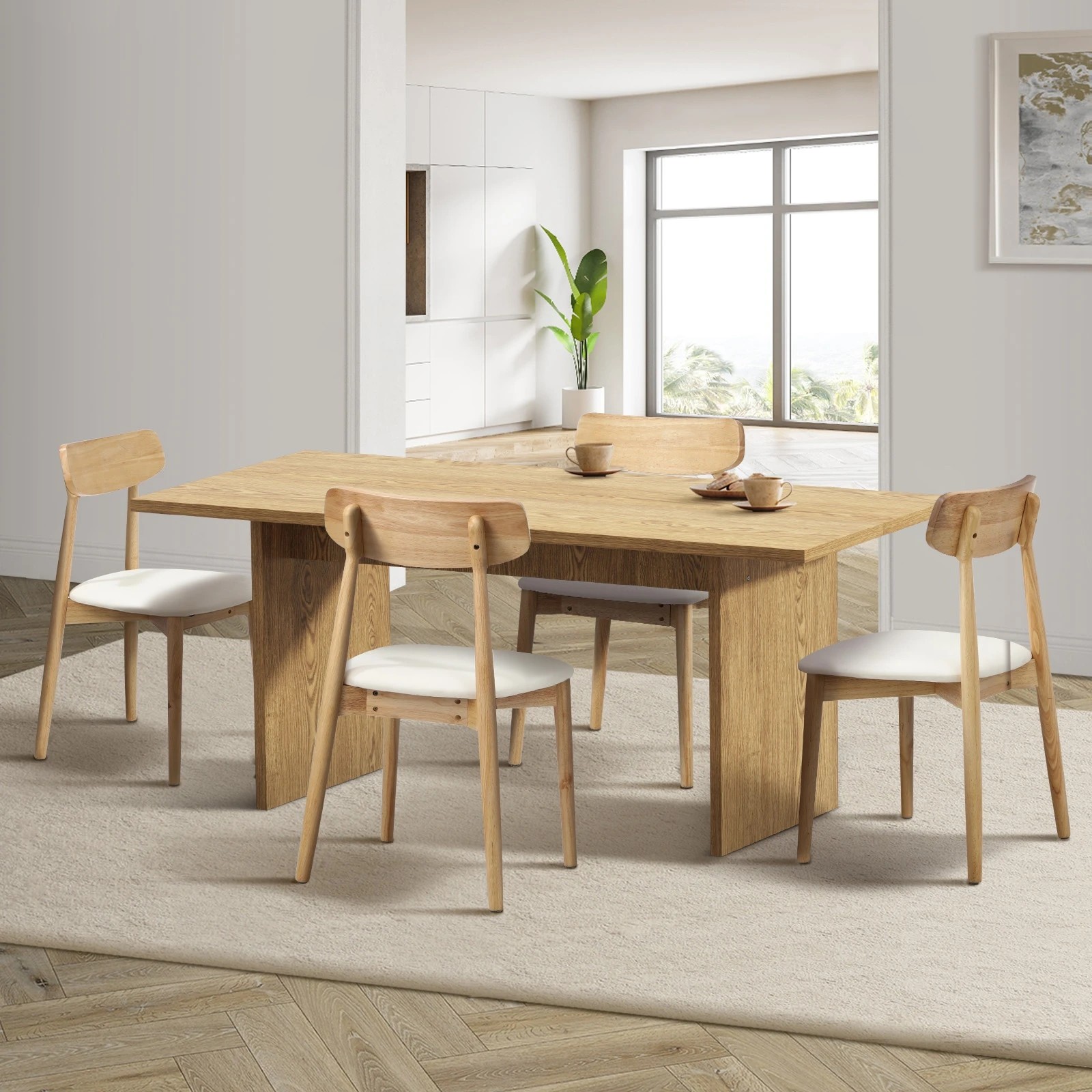 3 Oikiture 4-Seater Dining Table and Chairs Wooden Furniture Set - Natural, 3 of 9