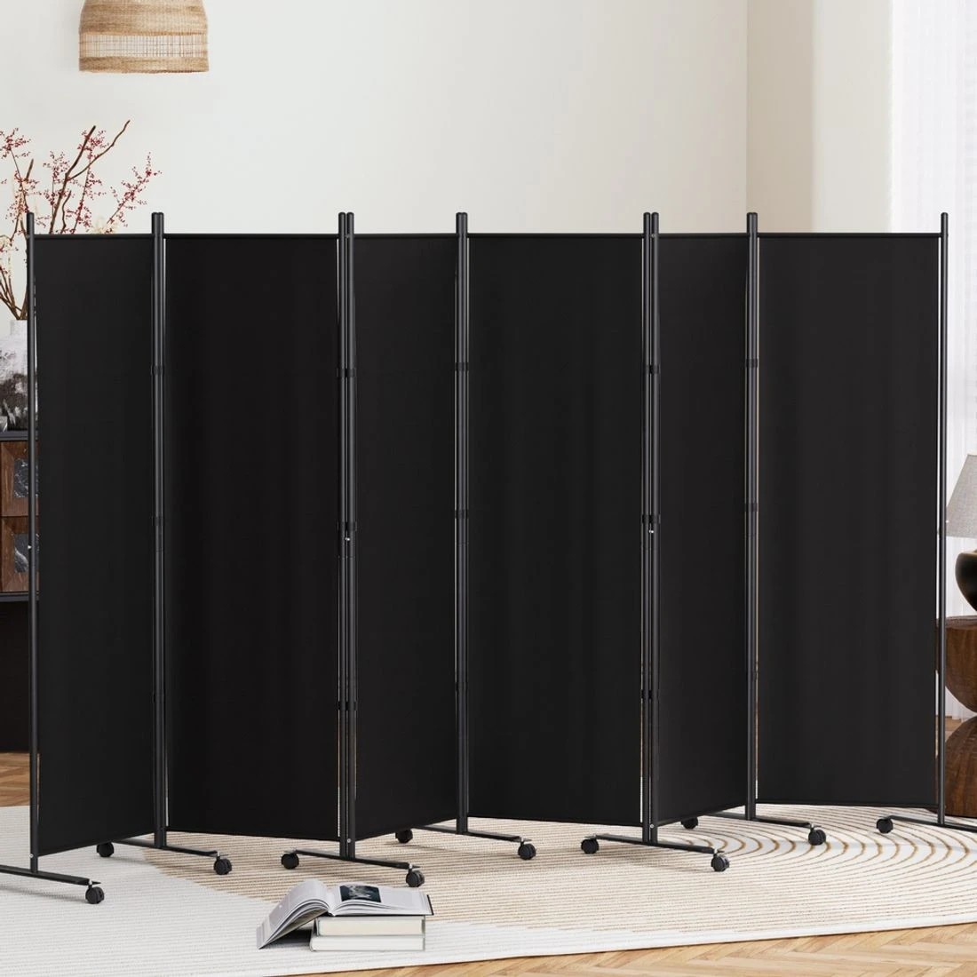 1 Artiss 6 Panel Room Divider Screen 323cm Wheel Fabric - Black, 1 of 7